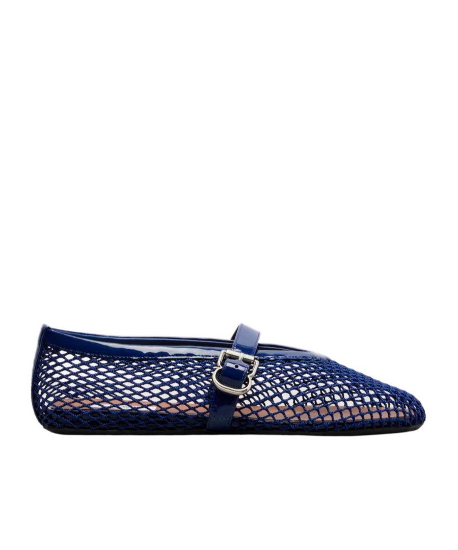 Alaïa Patent Leather-trimmed Fishnet Ballet Flats In Blue