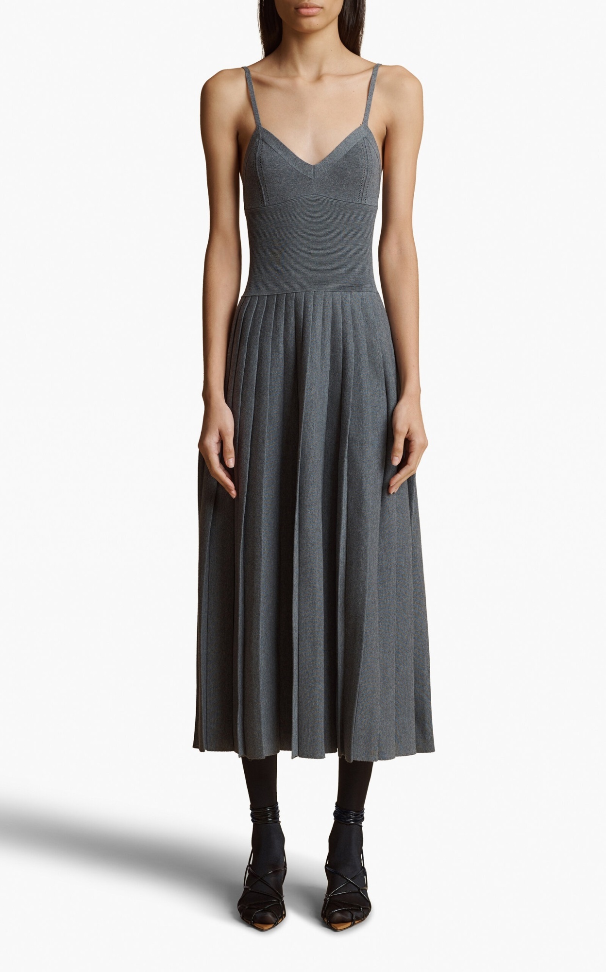 Khaite Elio Pleated Knit Merino Wool Midi Dress In Black