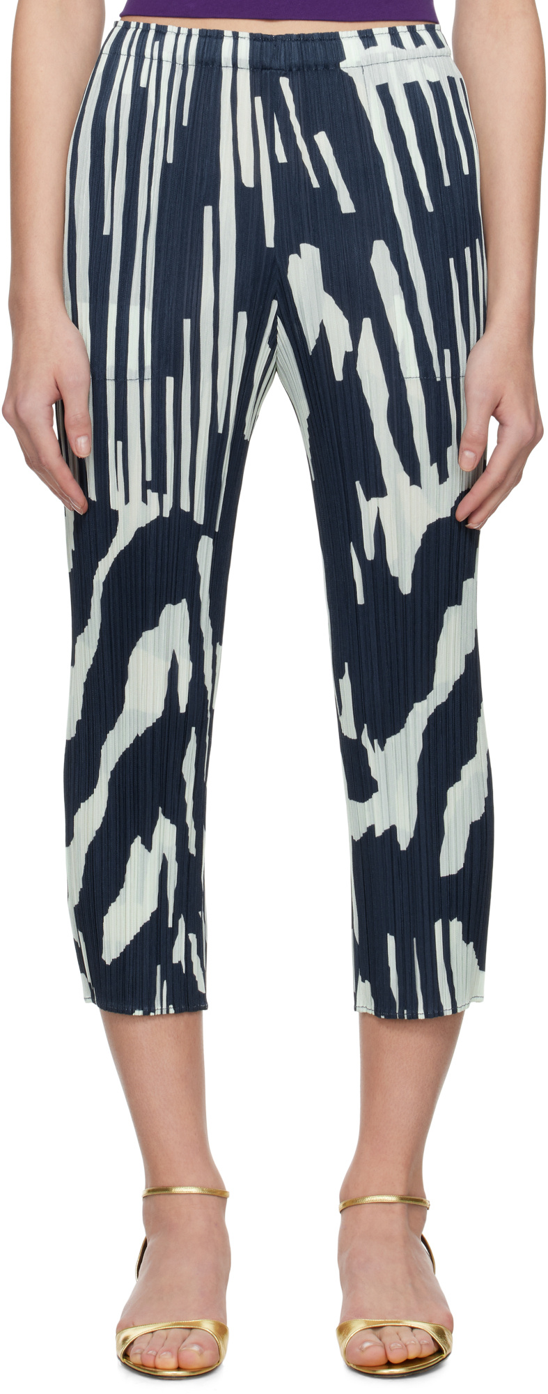 Issey Miyake Womens Grayish Navy Refraction Abstract-print Pleated Knitted Trousers In Blue