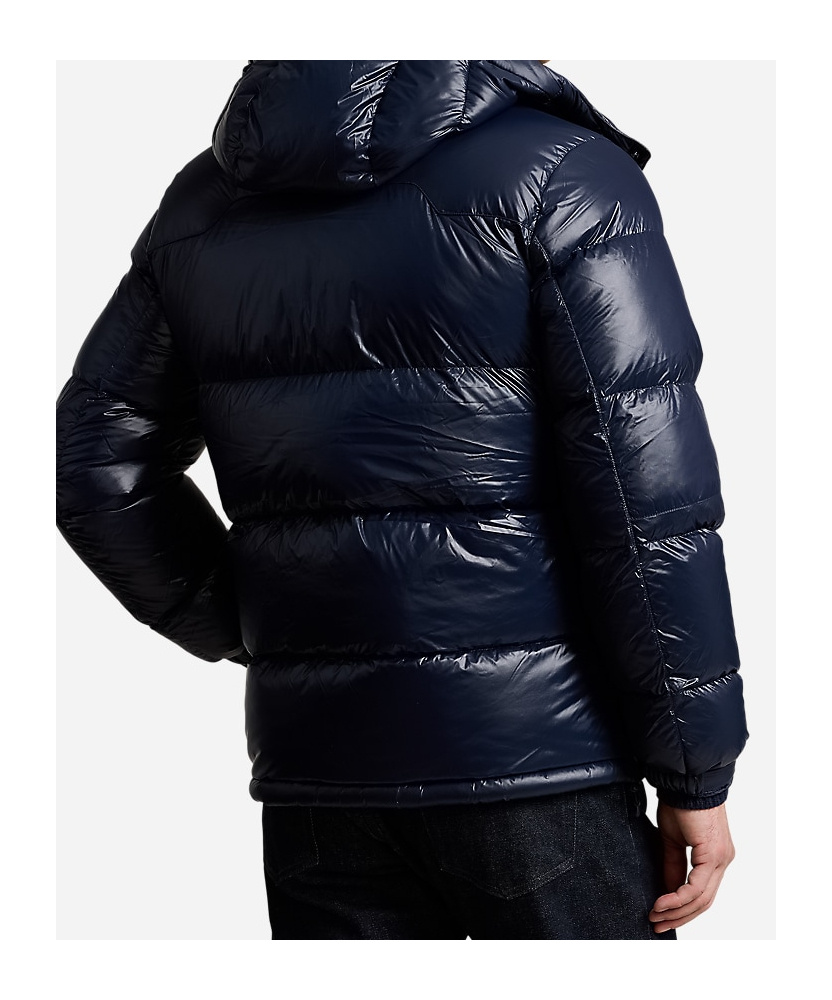 Polo Ralph Lauren Black Down Jacket With Patent Effect And Embroidered Pony Logo On Chest In Tech Fabric Man In Black