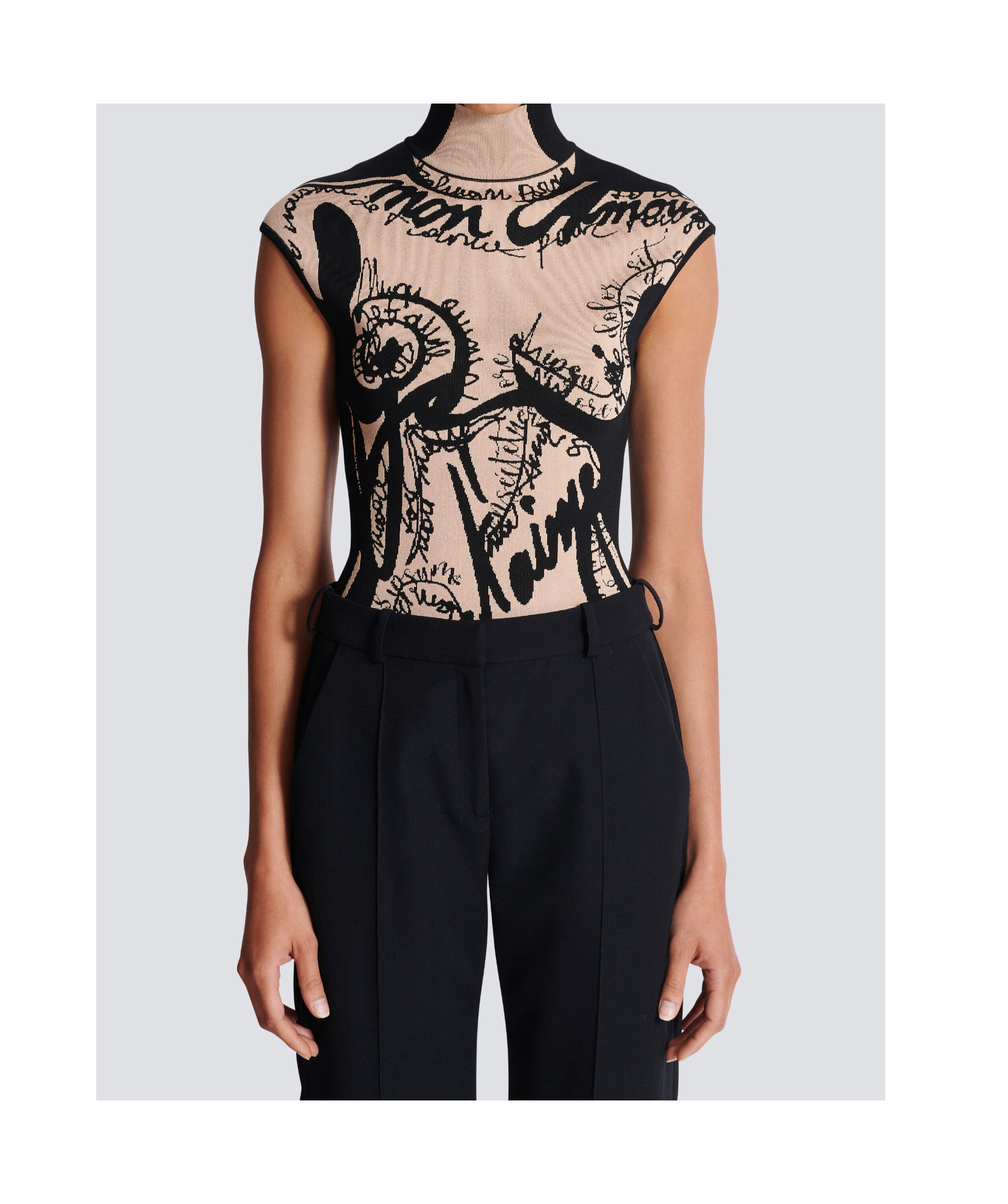 Balmain Body Script Trompe L'oeil Knit Cap-sleeve Bodysuit In Nude