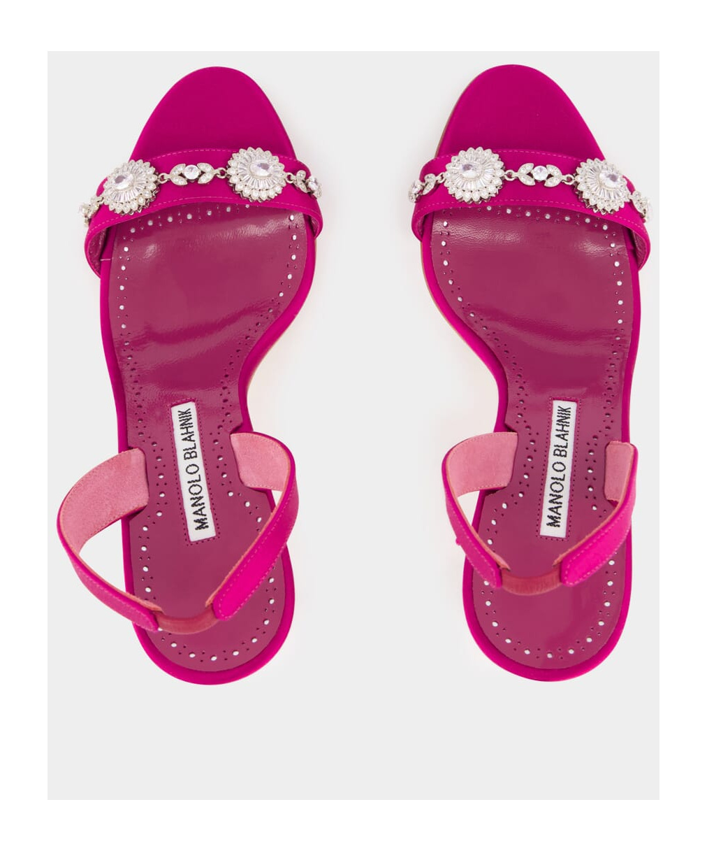 Manolo Blahnik Pink Satin Embellished Slingback Sandals In Pink