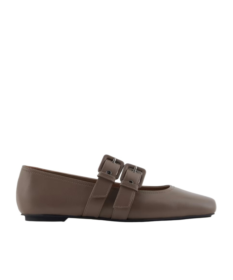 Emporio Armani Nappa-leather Square-toed Ballerinas With Double Strap In Brown