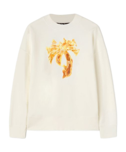 Palm Angels White Crewneck Sweatshirt With Burning Logo Print In Cotton Man In White