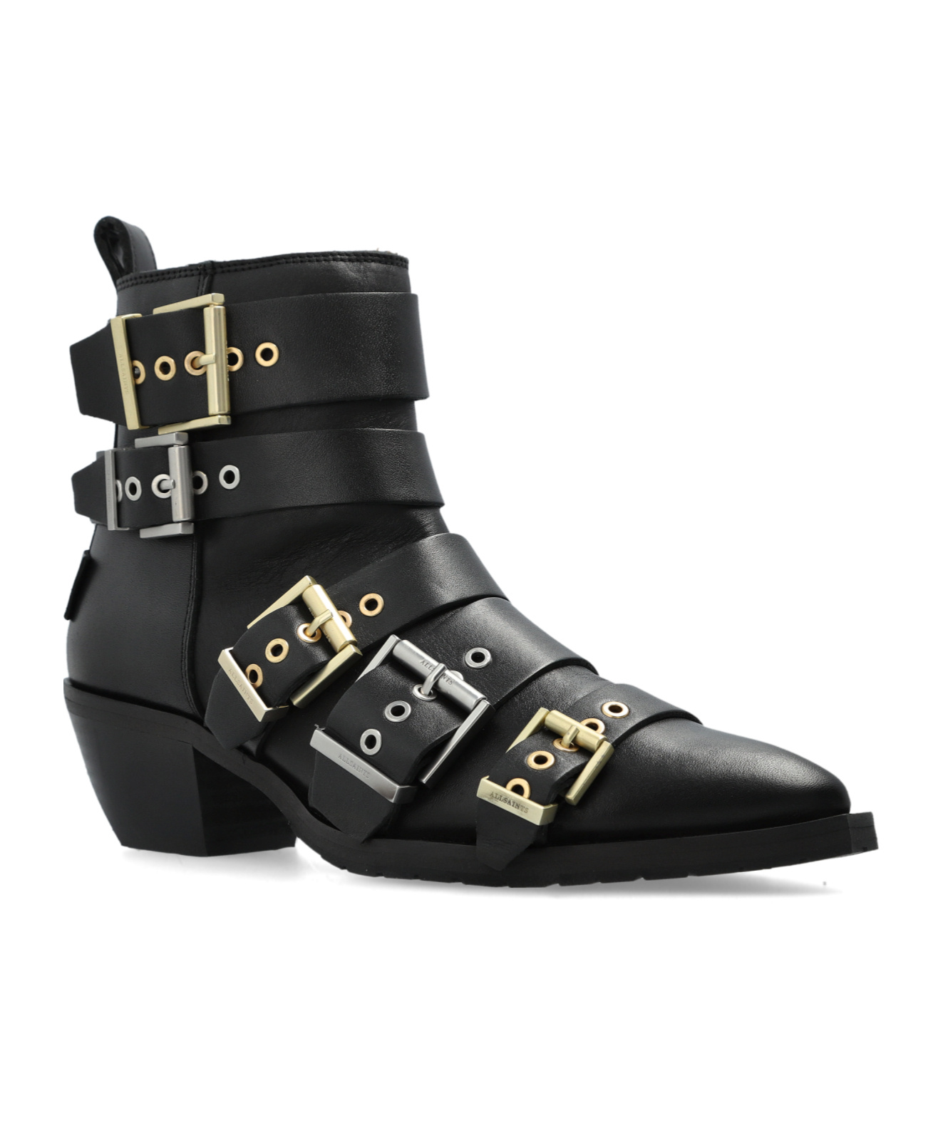 Allsaints Jane Buckle Pointed Leather Boots In Black