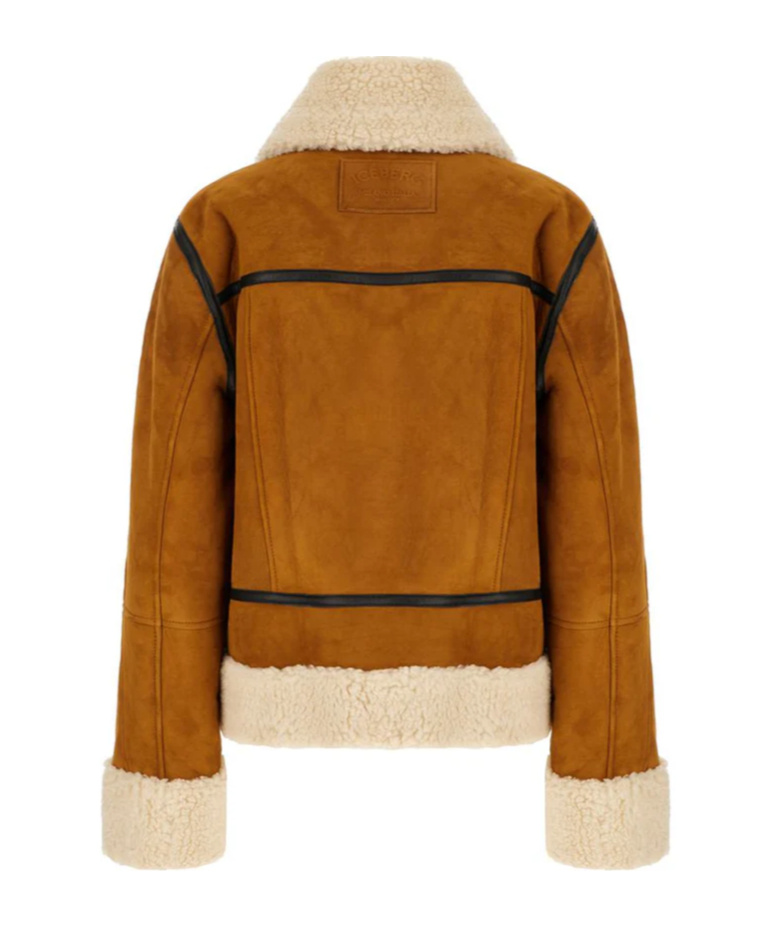 Iceberg Zippered Stripe Leather Jacket In Brown
