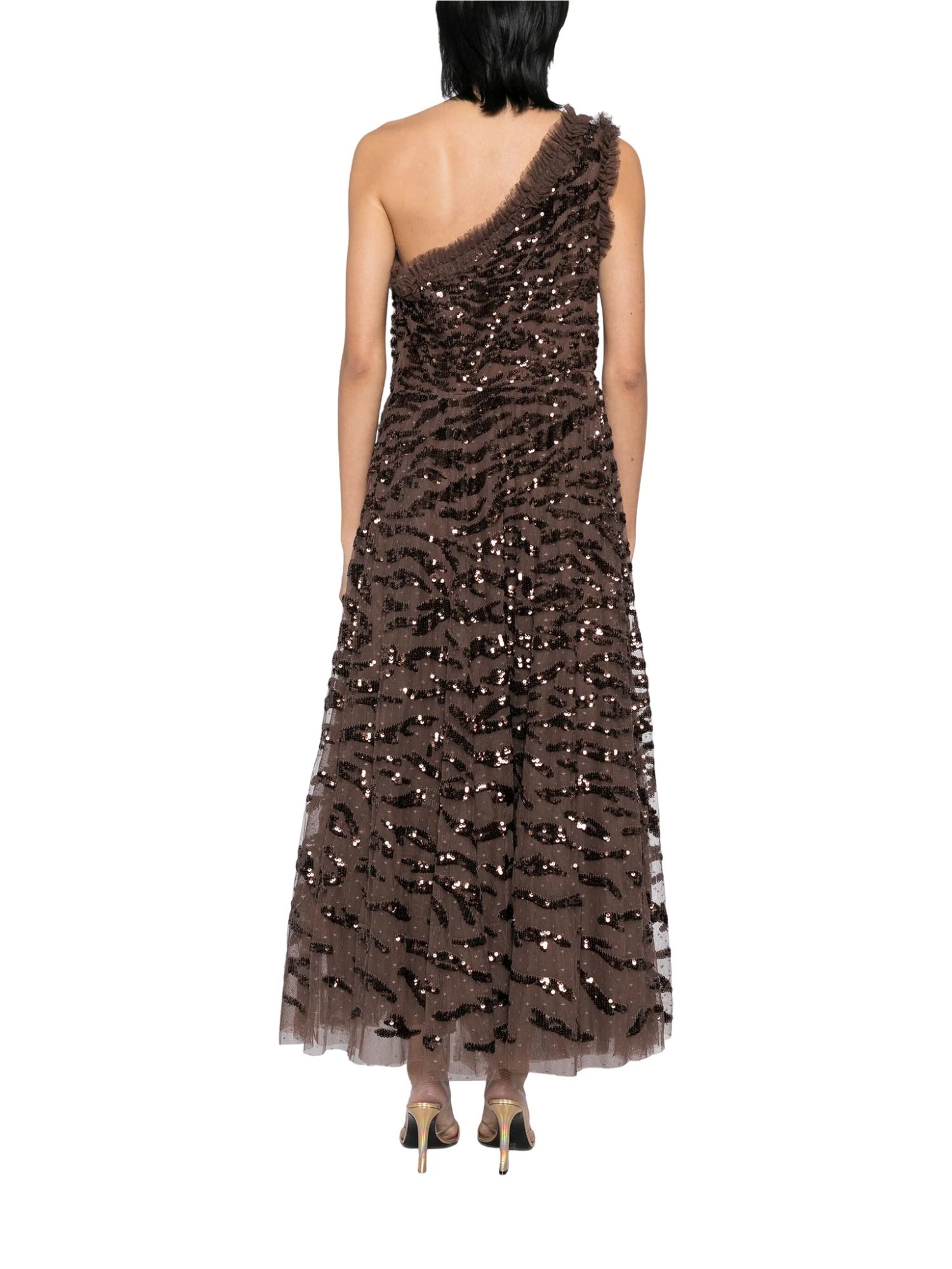 Needle & Thread One-shoulder Ripple Sequined Gown In Brown