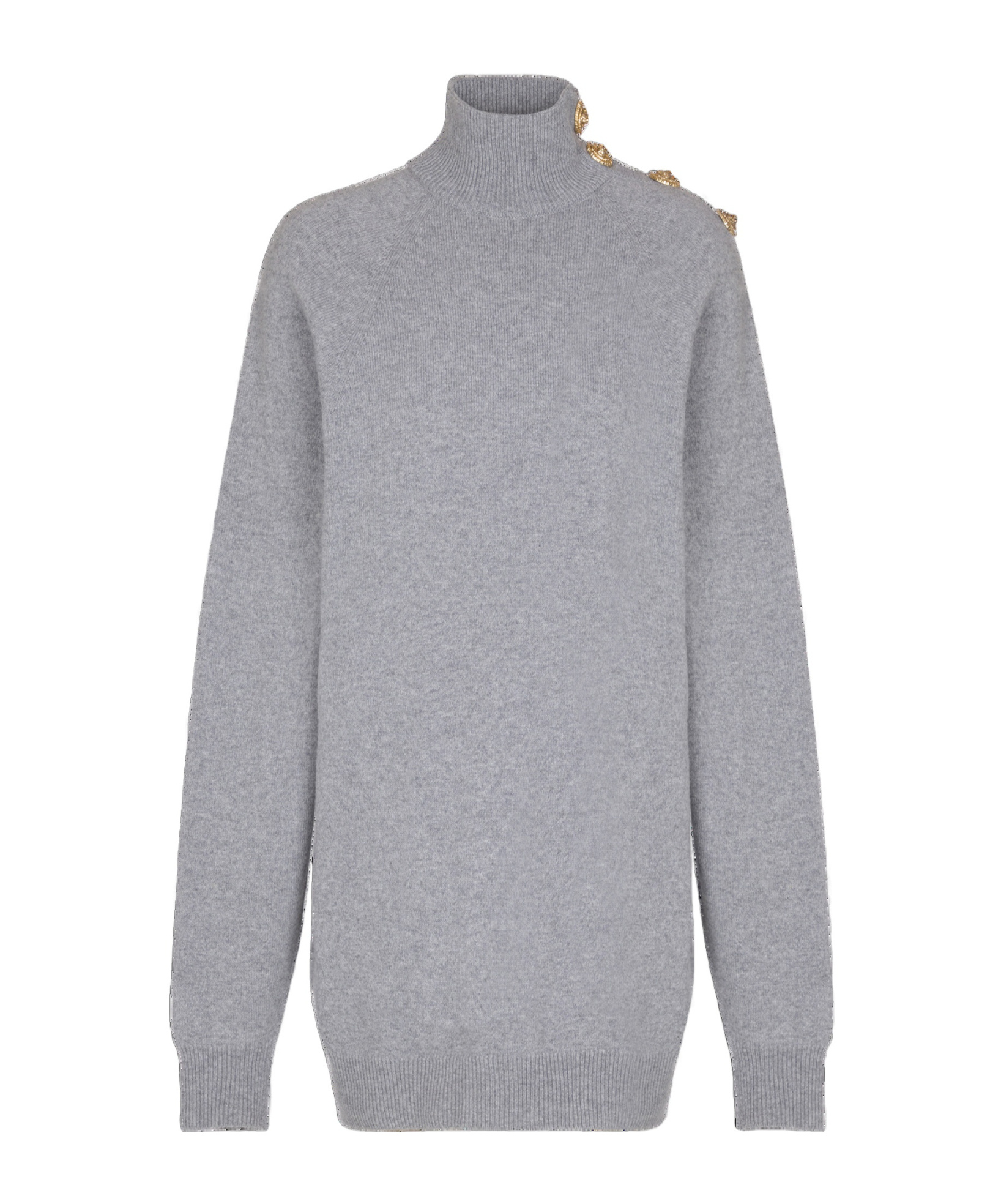 Balmain Cashmere Wool Turtleneck Dress Gold Button Detail In Gray