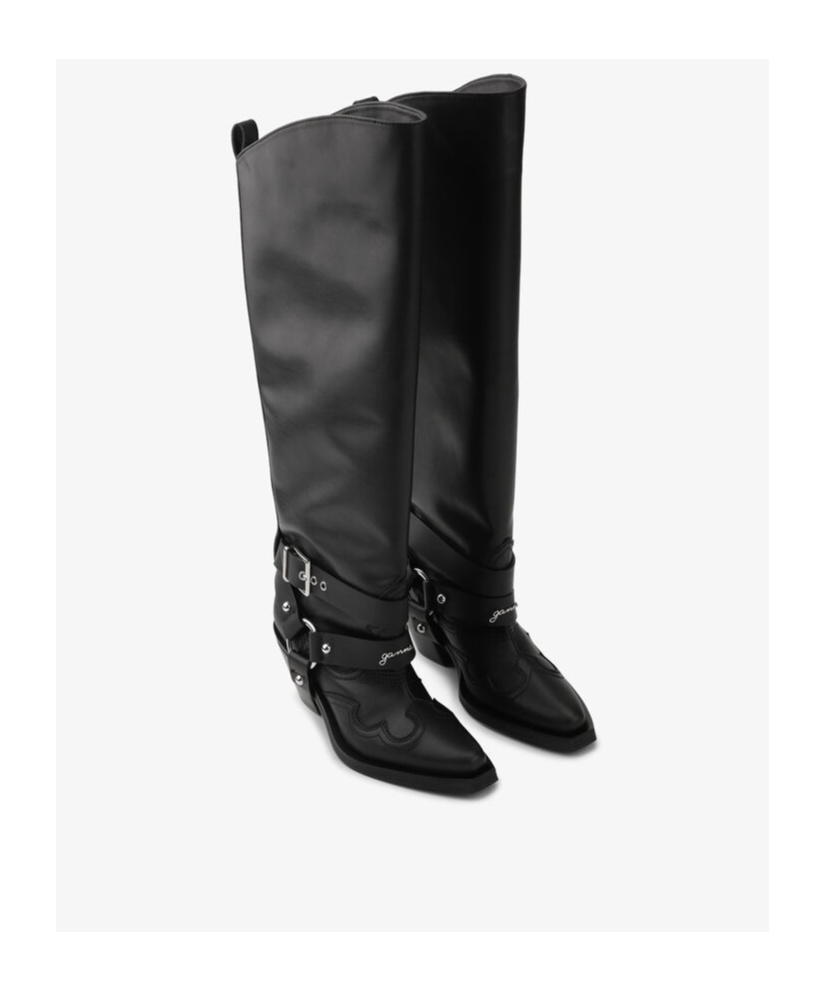 Ganni Black High Shaft Embroidered Western Tall Boots In Black