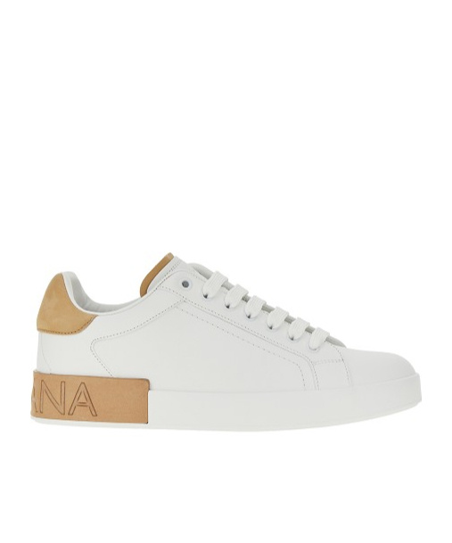 Dolce & Gabbana Portofino Leather Sneakers In White And Tan In White