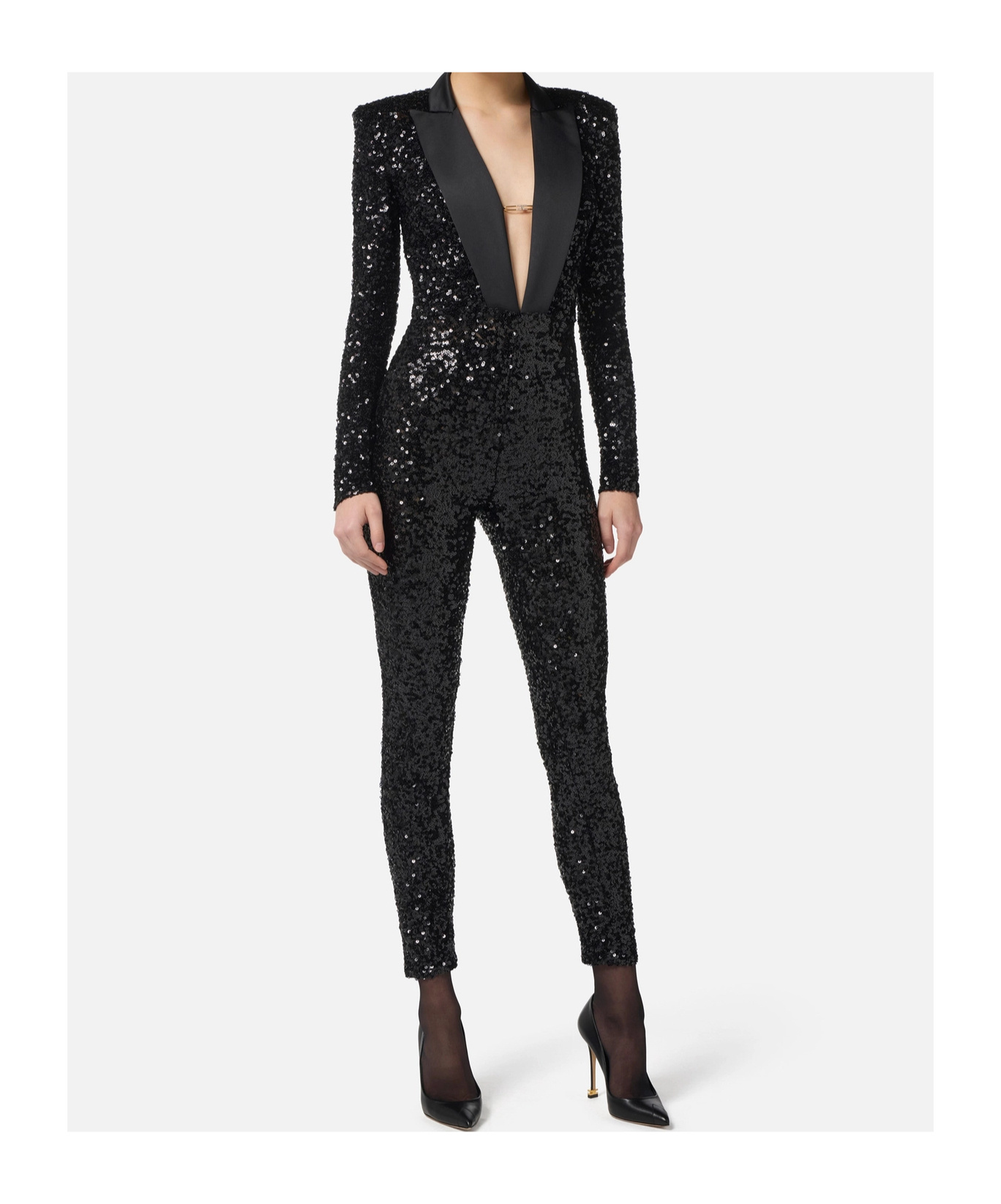 Elisabetta Franchi Sequin Trousers V-neck Embellished Detail In Black