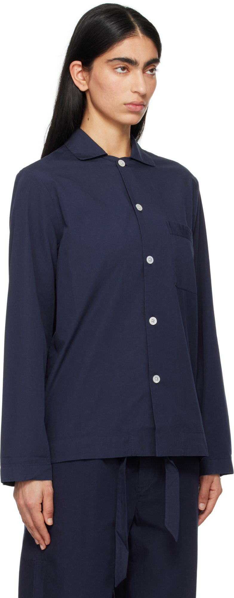 Tekla Poplin Long-sleeved Pyjama Shirt In Navy Blue