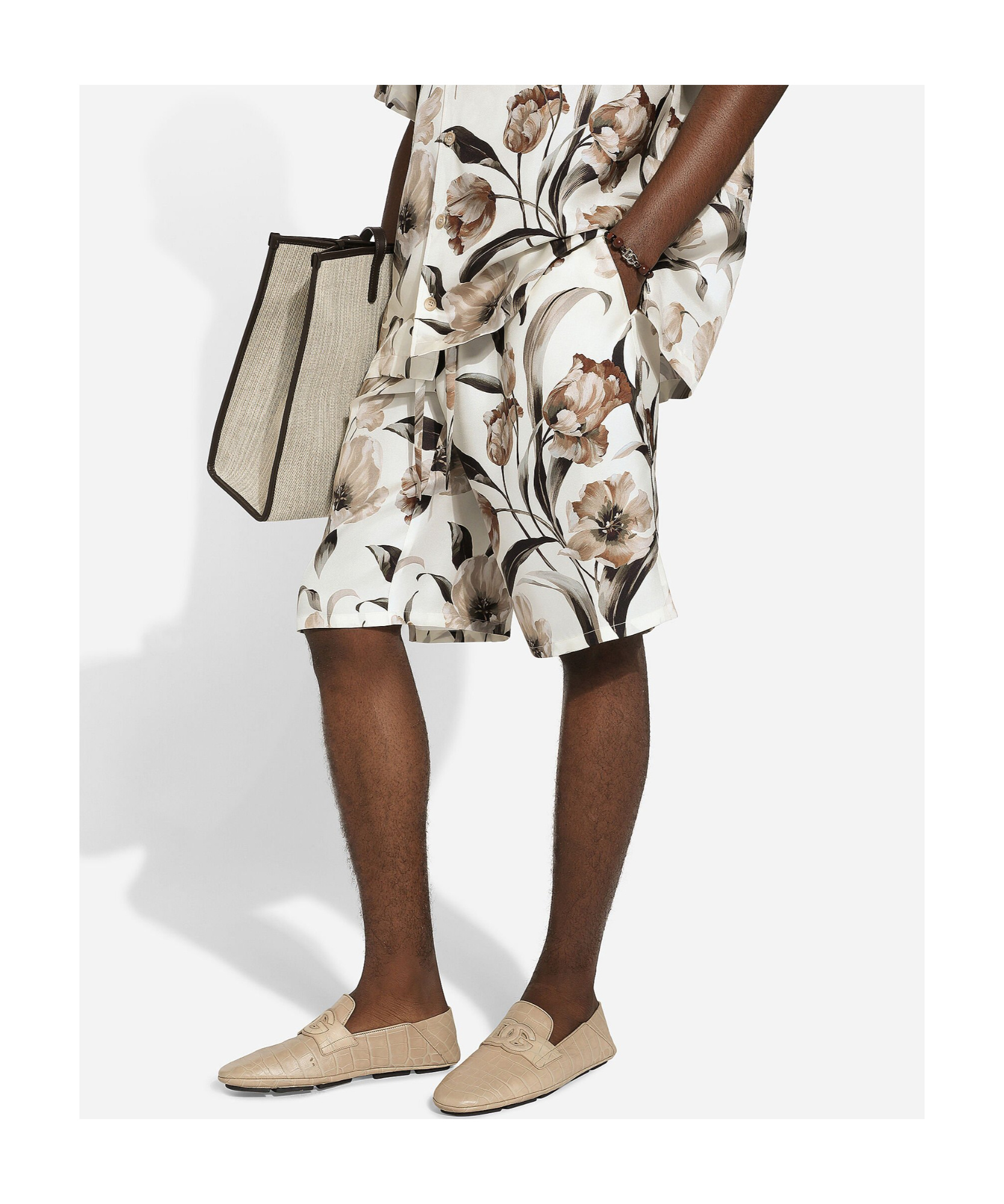 Dolce & Gabbana Beige Bermuda Short With Flower Print In Silk Twill In White