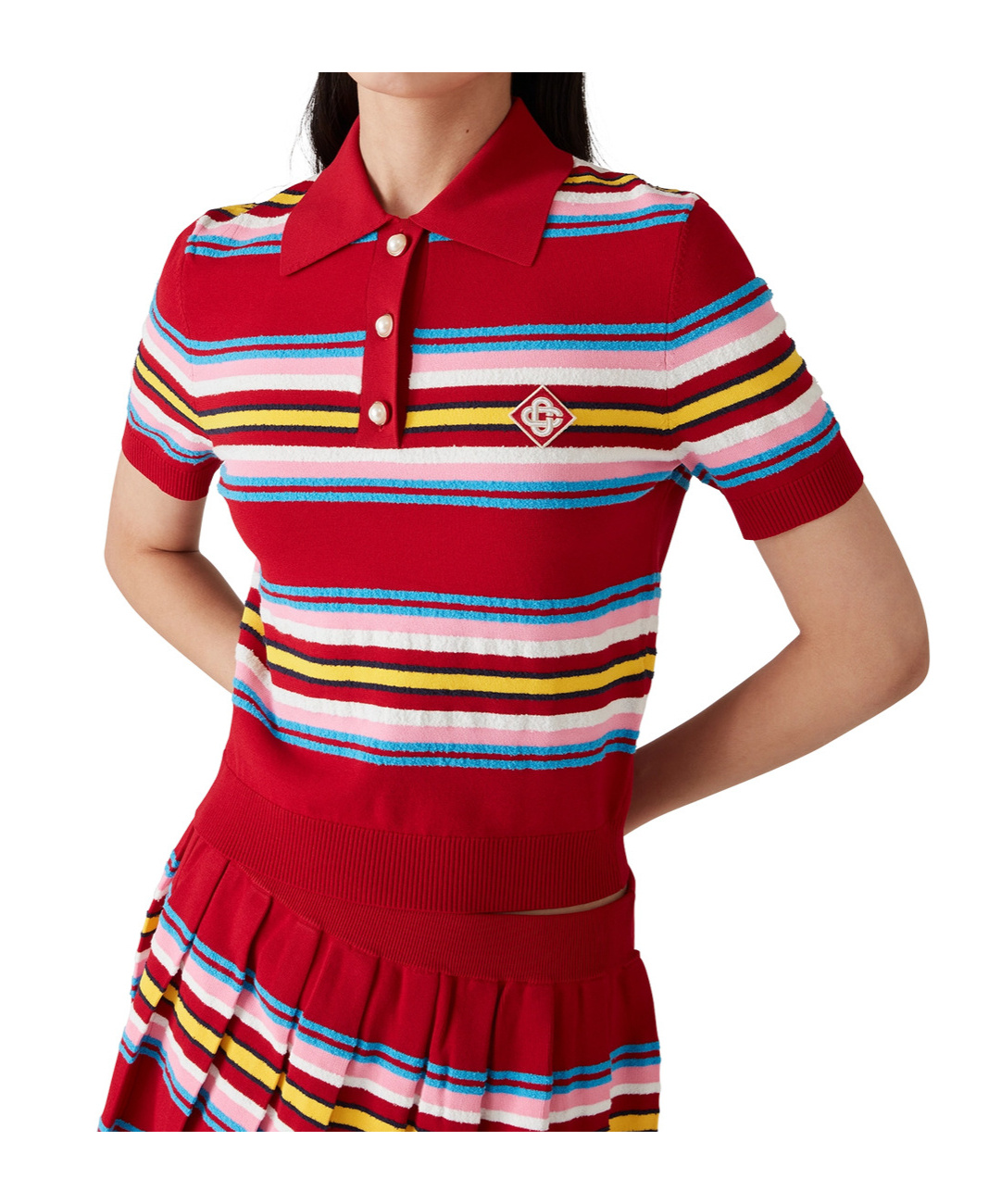 Casablanca Striped Cropped Polo With Ribbed Hem In Multi