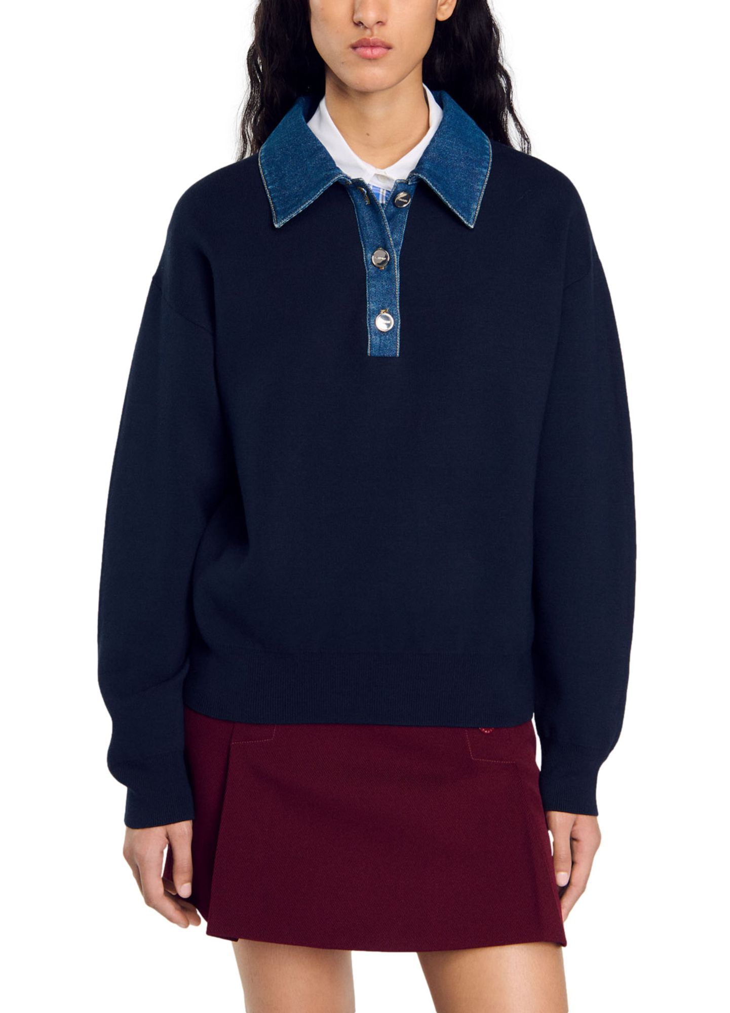 SANDRO SWEATER WITH DENIM COLLAR