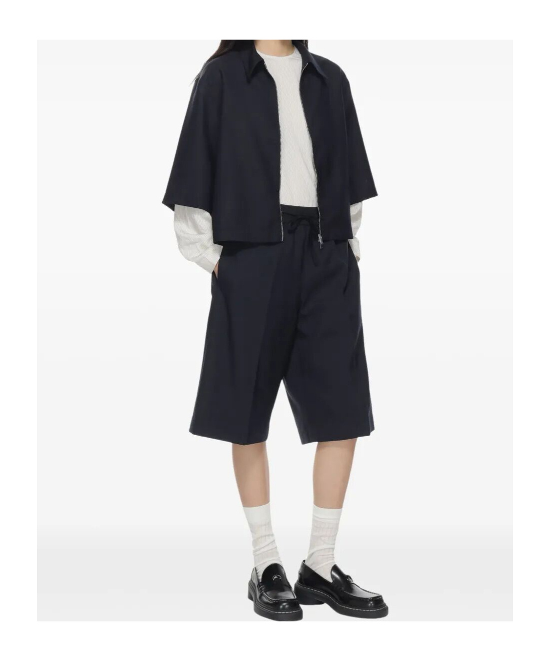 Studio Nicholson Collared Cropped Semi-sheer Short Sleeves Jacket In Navy