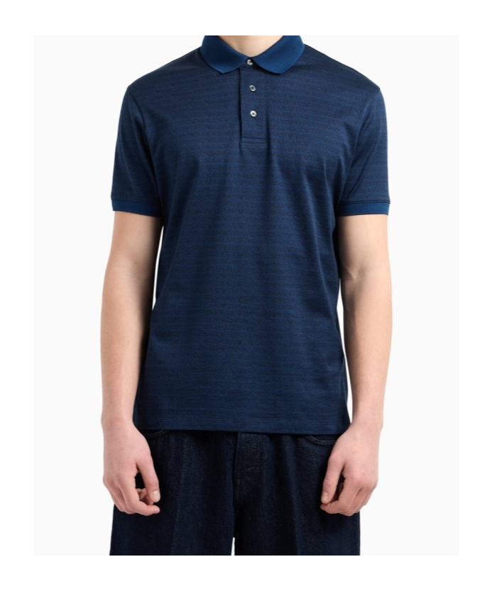 Emporio Armani Jersey Polo Shirt With All-over Jacquard Lettering In Blue