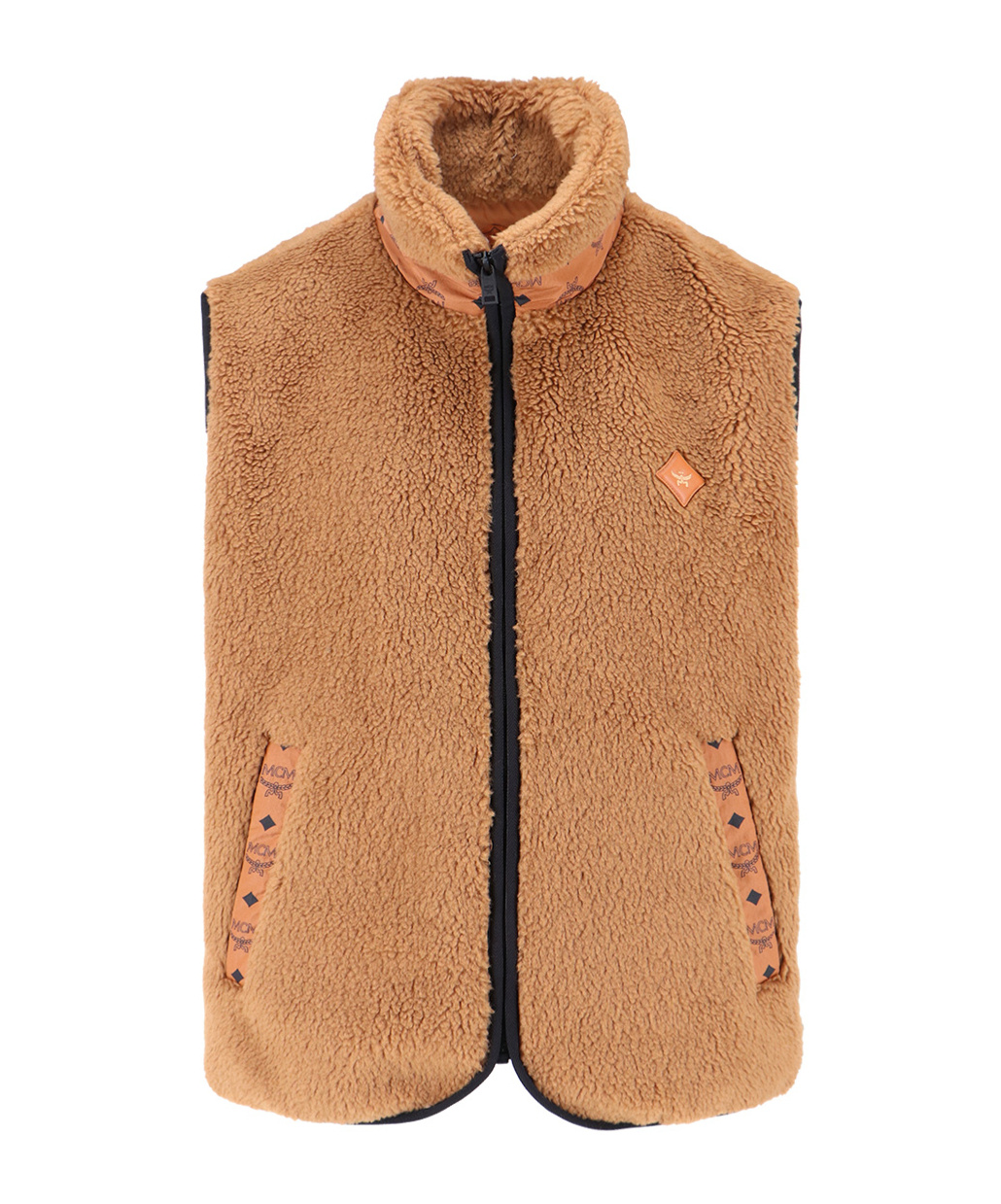 Mcm Shearling Sleeveless High Collar Jacket Side Pockets In Brown