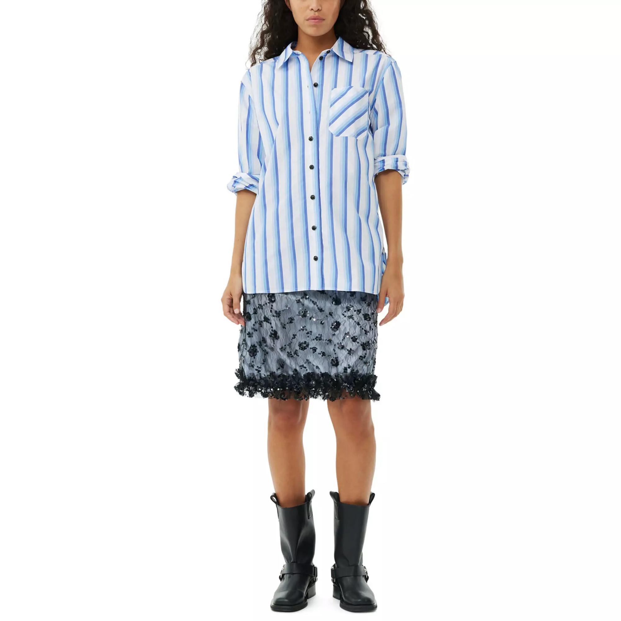 Shop Ganni Blue Striped Cotton Oversized Shirt In White