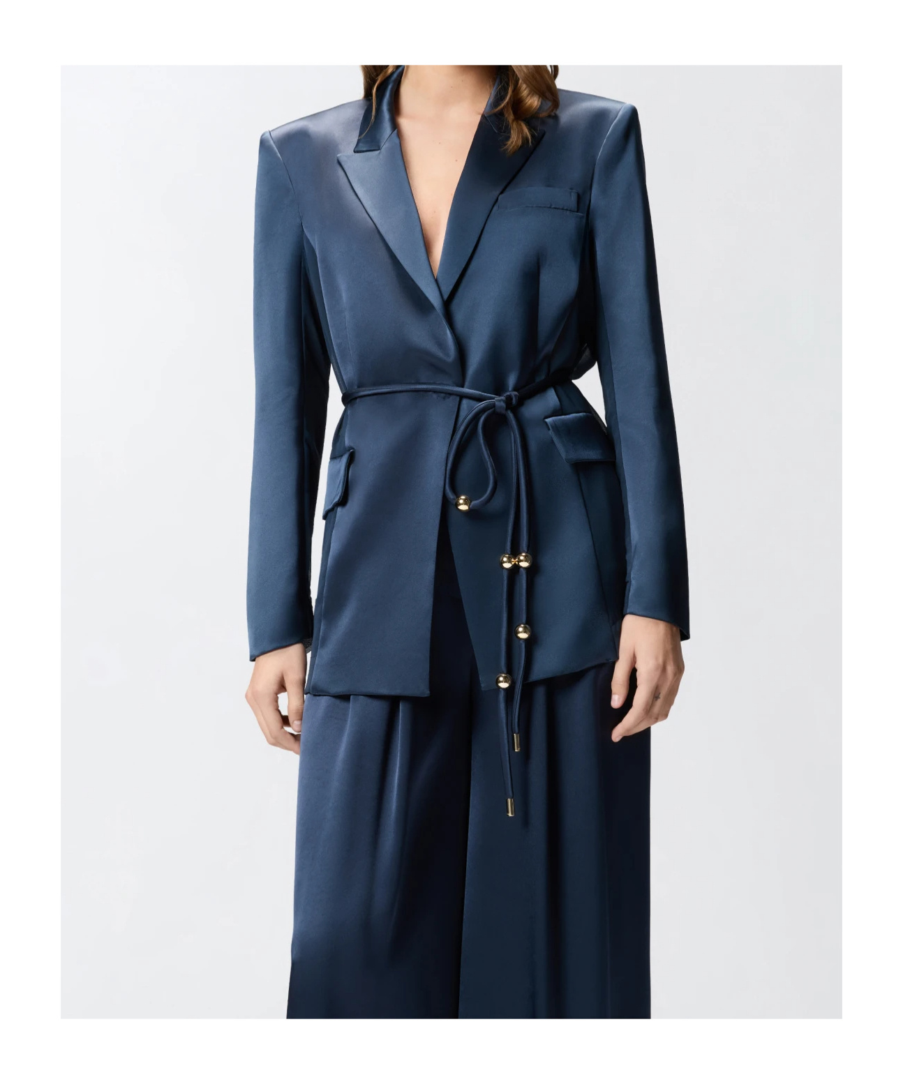 Pinko Glossy Satin Blazer With Belt And Sphere Accent In Blue