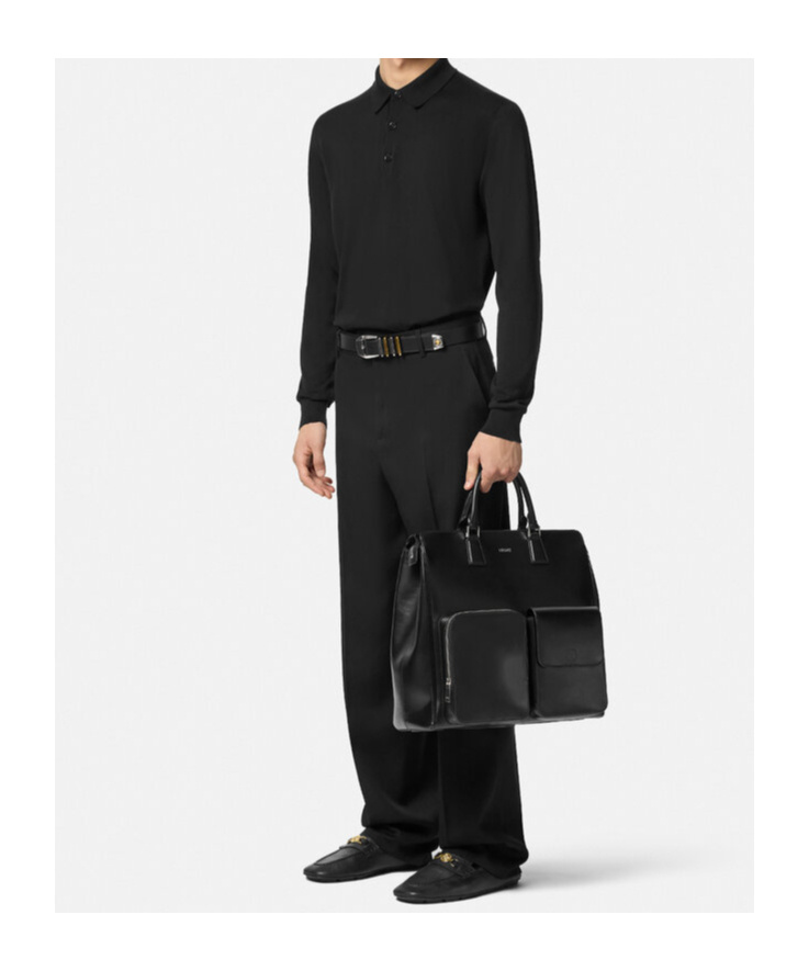 Versace Long-sleeved Silk-blend Polo Shirt In Black