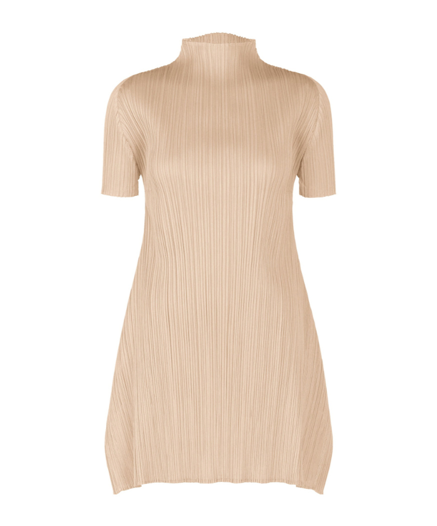 Issey Miyake Short-sleeved Light Beige Pleated Tunic In Neutral