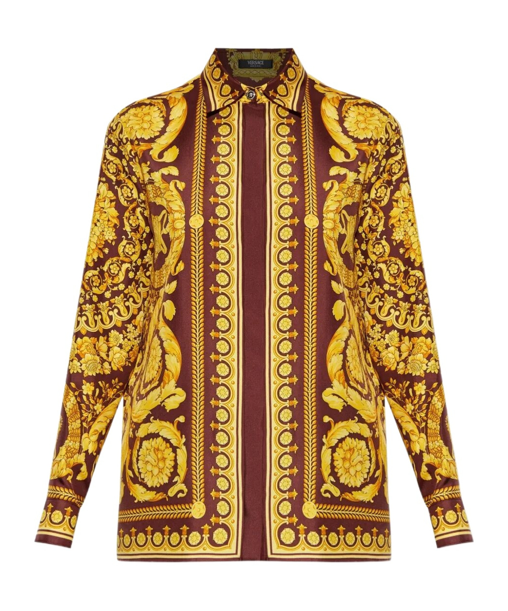 Versace Baroque Pattern Long Sleeved Shirt In Brown