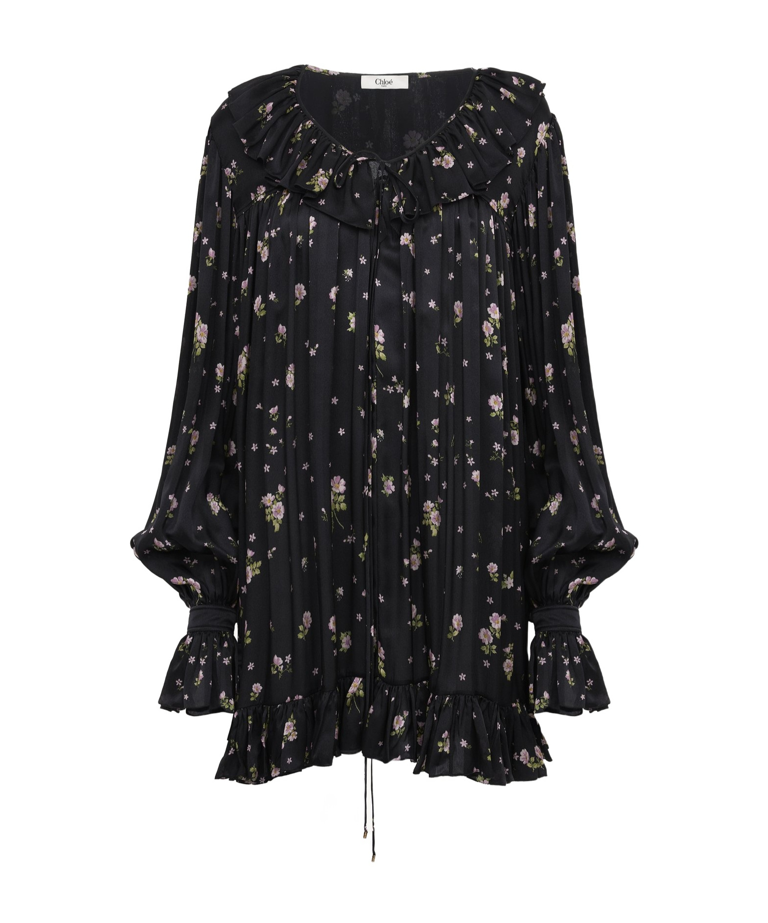Chloé Liberty Print Long Sleve Silk Charmeuse Minidress In Black
