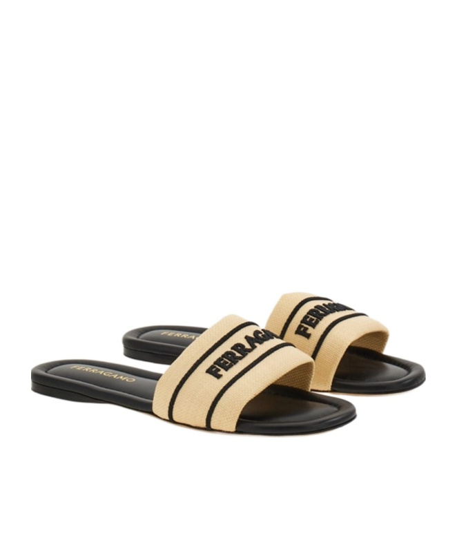 Ferragamo Nappa Raffia Black Sandals In Multi
