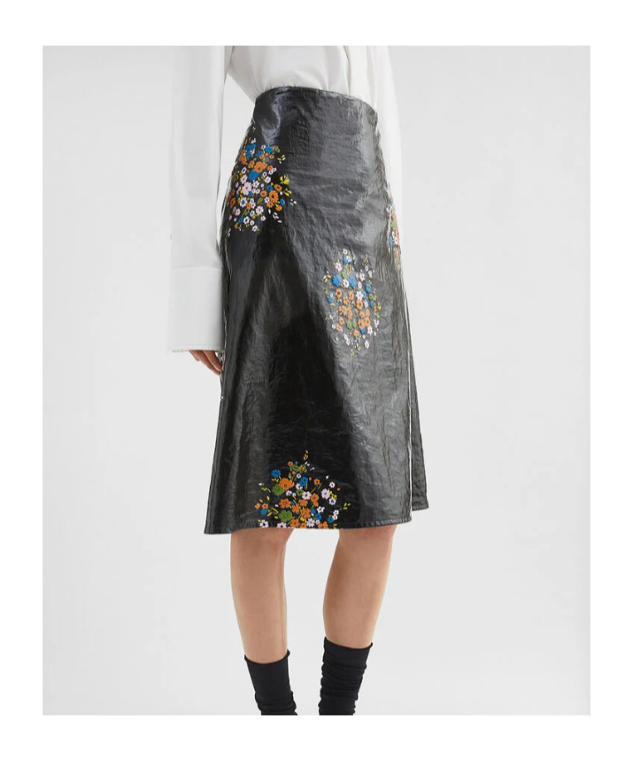 Jil Sander Patent Linen Printed Skirt In Flower Bouquet