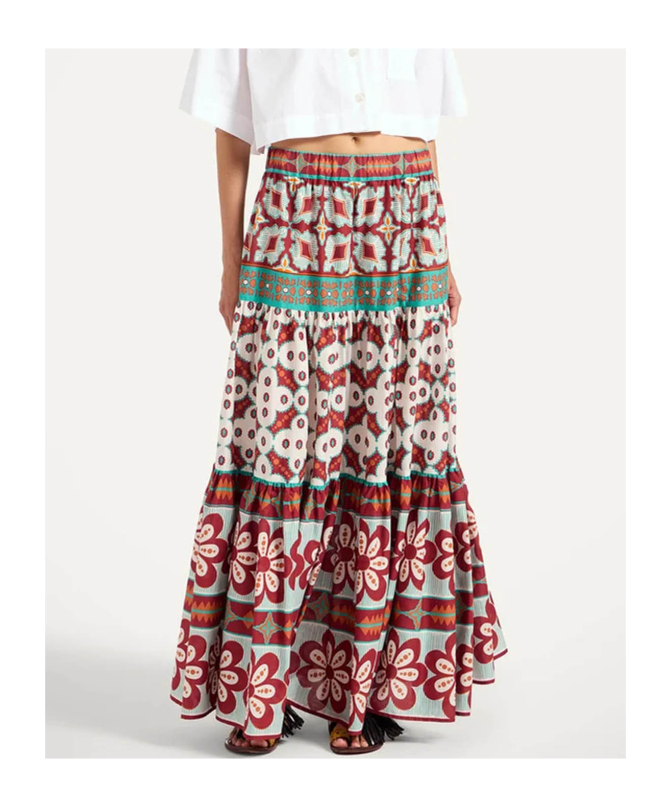 La Doublej Big Printed Tiered Cotton Maxi Skirt In Multi