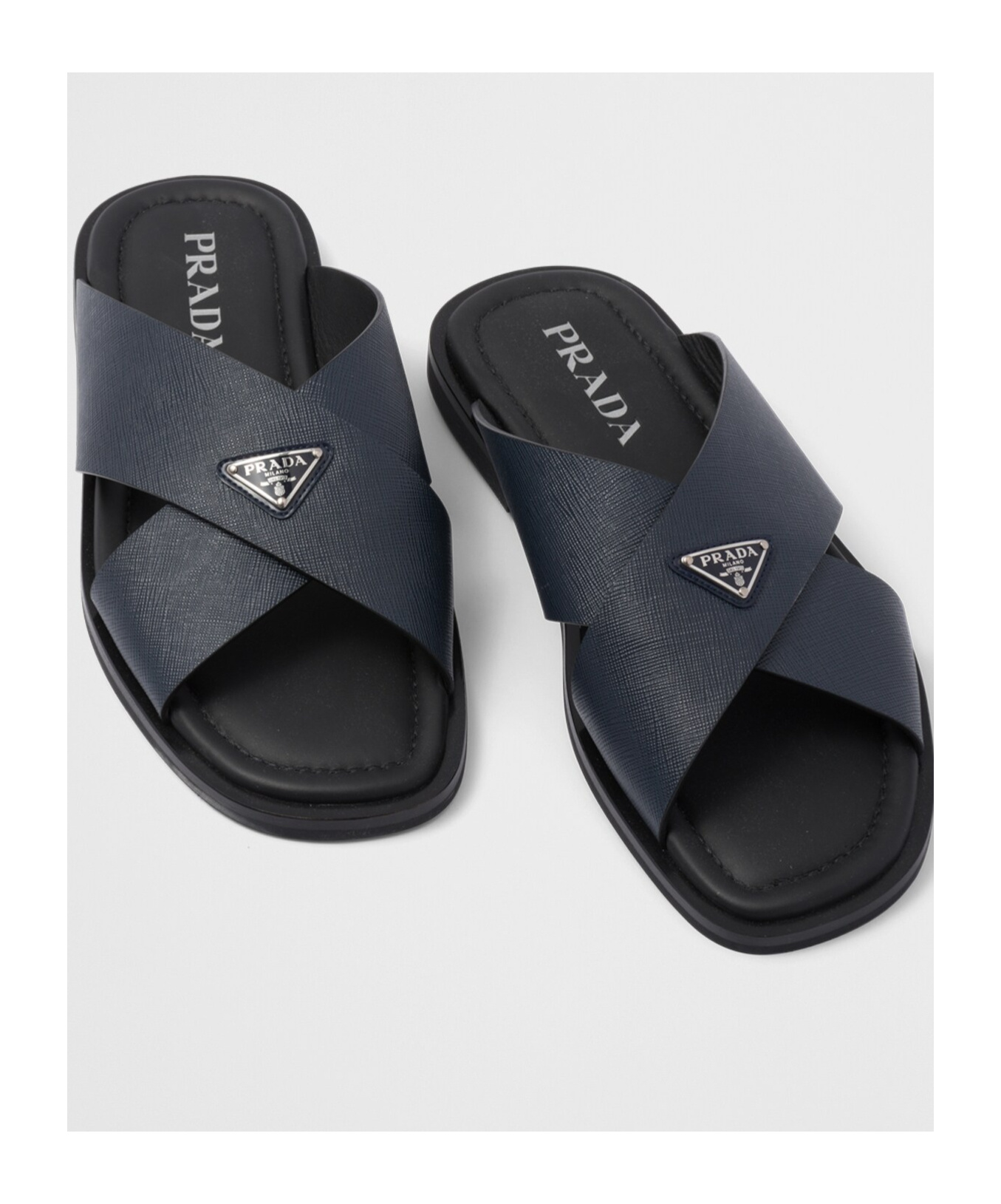 Prada Saffiano Leather Triangle-logo Sandals In Sea-blue