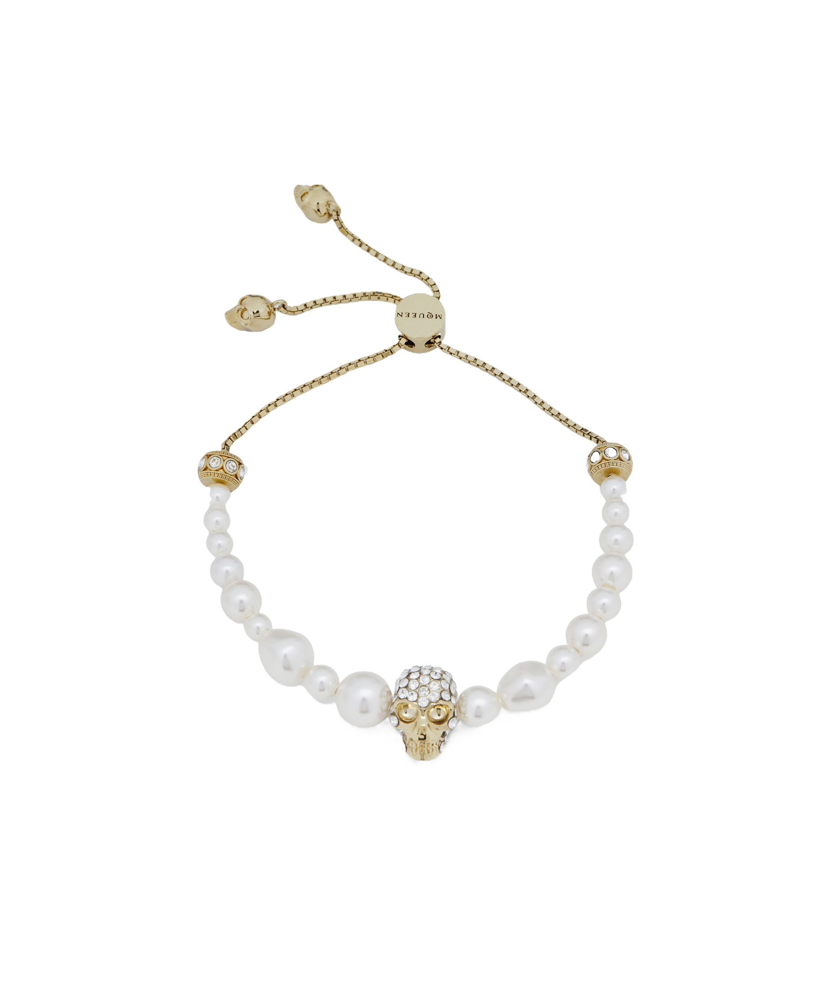Alexander Mcqueen Skull And Pearl Friendship Bracelet In Gold