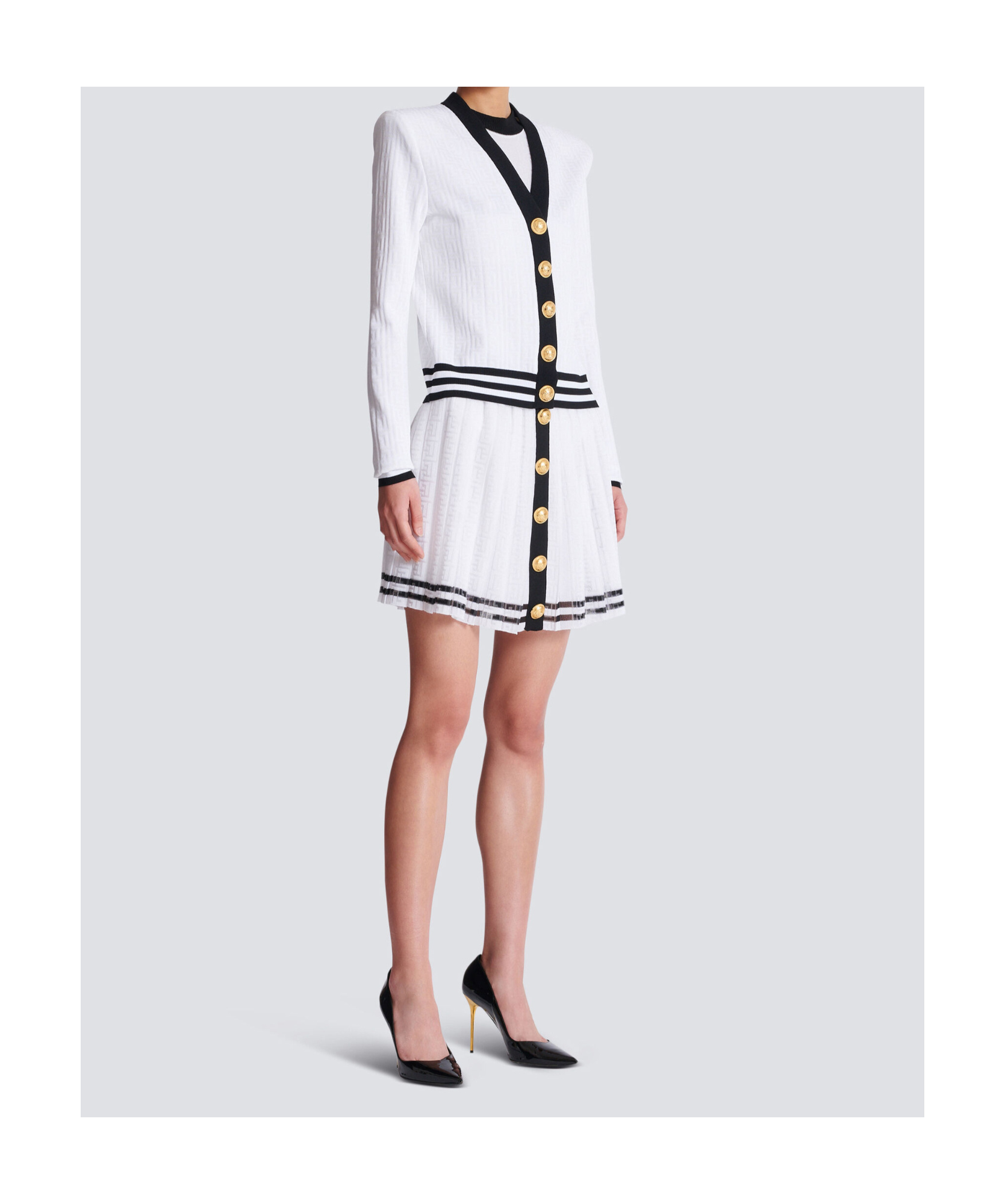 Balmain Two-tone Monogrammed Knit Cardigan In White
