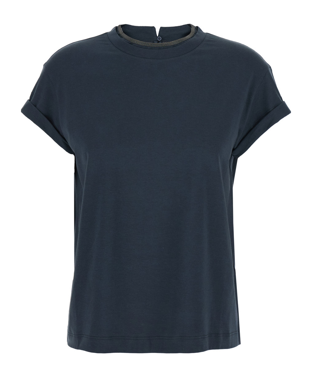 Brunello Cucinelli Blue Crewneck T-shirt With Monil Detail On The Collar And Rear Cut-out In Cotton Stretch Woman In Blue