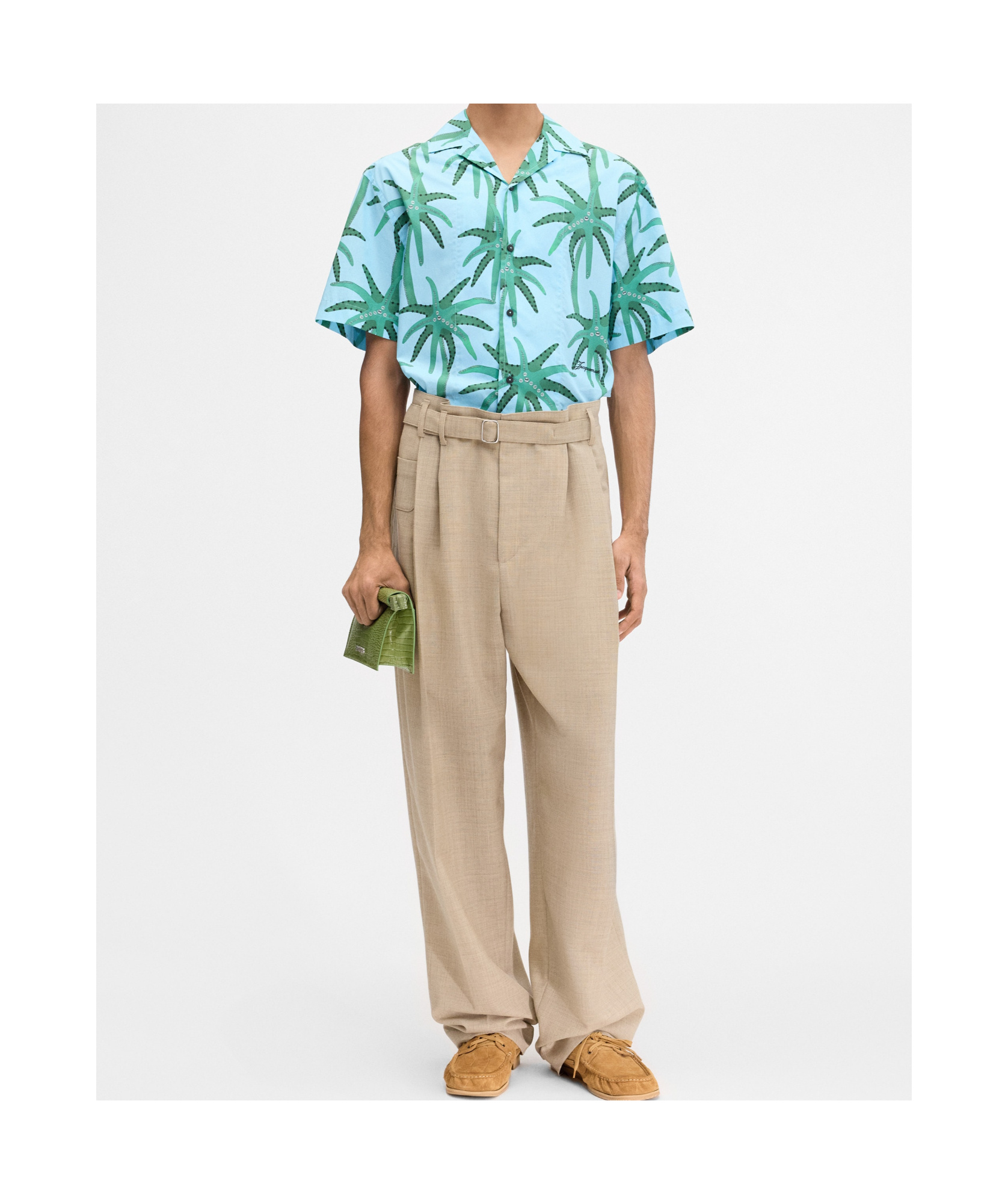 Jacquemus 'la Chemise Jean' Light Blue Shirt With Notched Collar And All-over Palm Tree Print In Blue