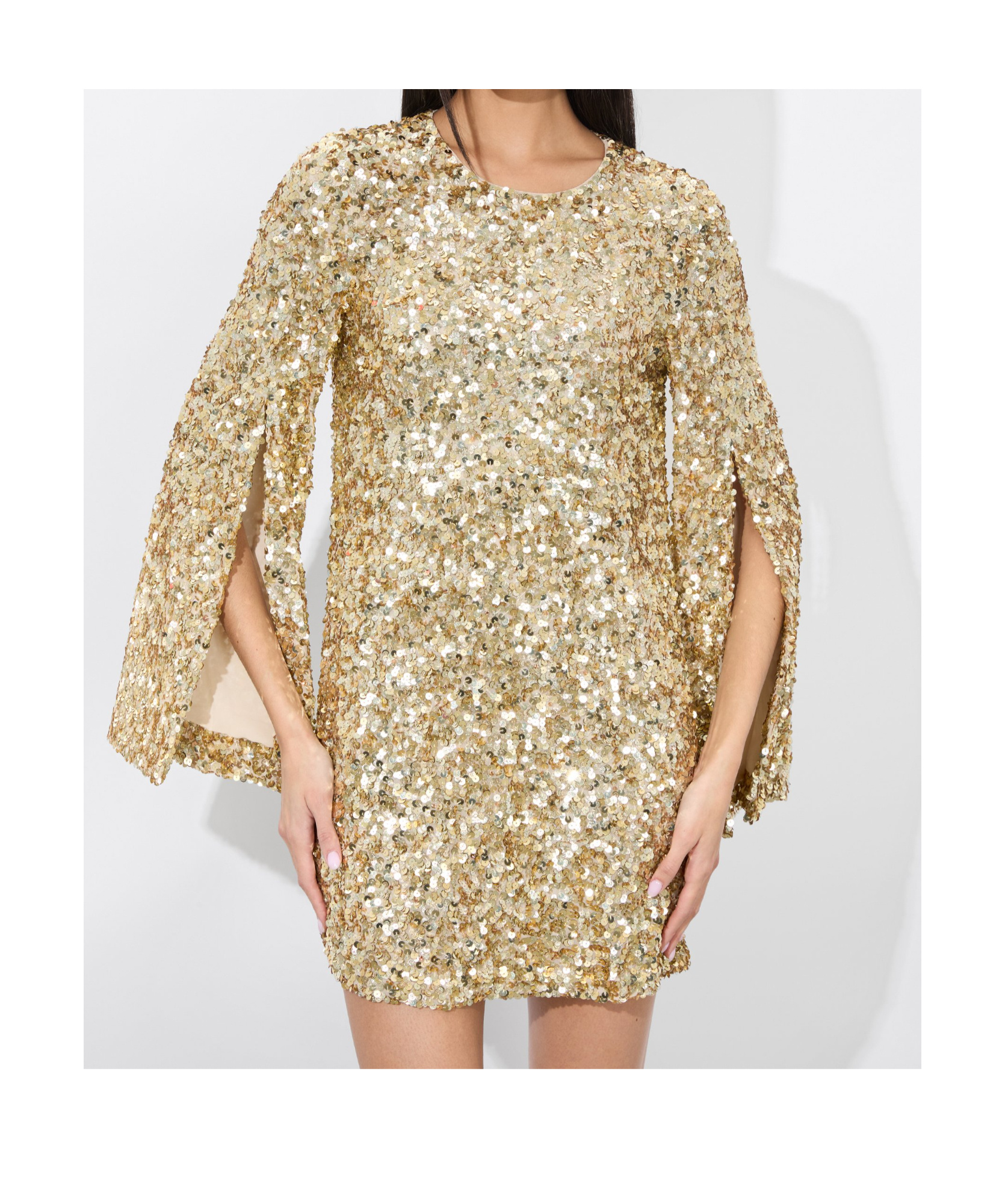 Alice And Olivia Eleonora Embellished Slit Sleeve Mini Dress In Gold