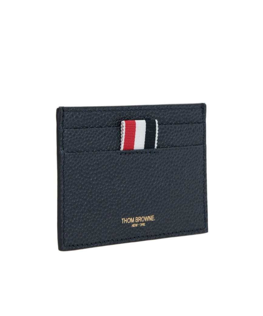Shop Thom Browne Single Card Holder W/ 4 Bar Applique Stripe In Pebble Grain Leather In Black