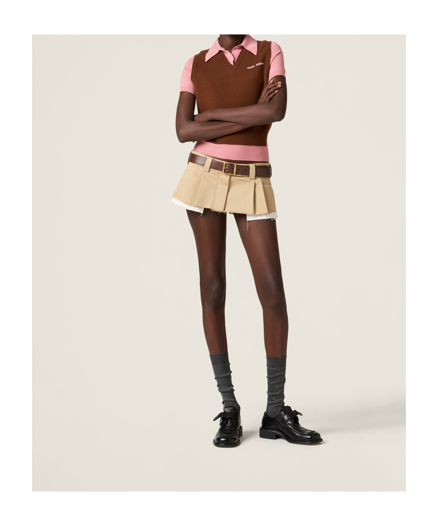 Miu Miu Short-sleeved Cashmere Polo Sweater In Brown