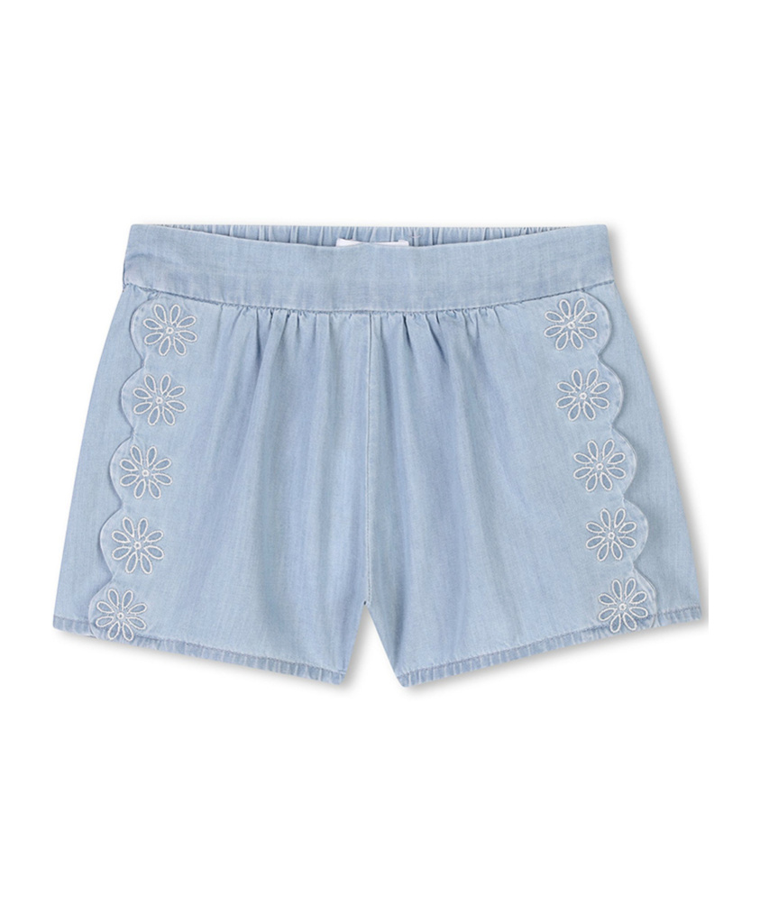 Chloé Chambray Embroidered Shorts In Blue