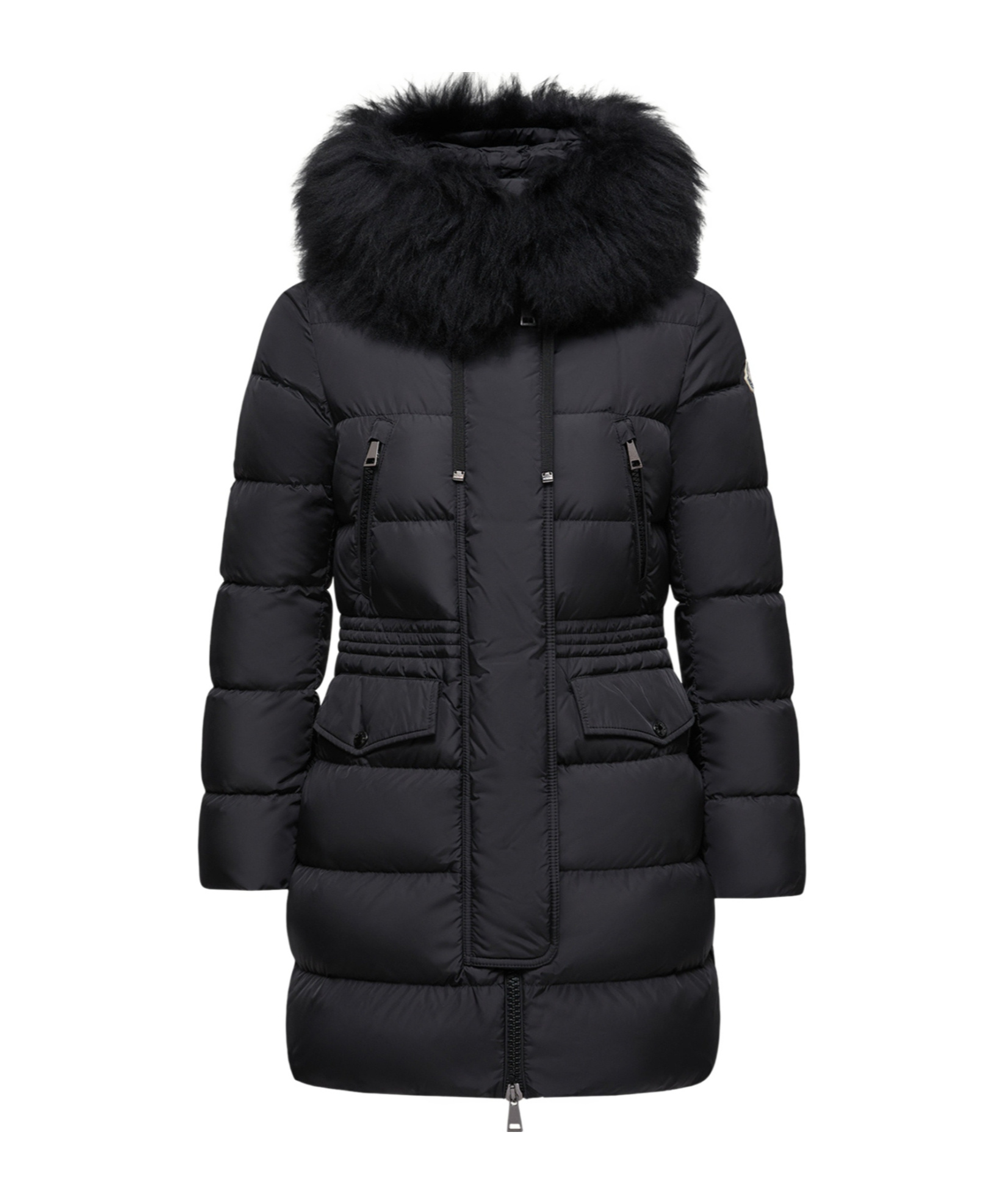 Moncler Aphroti Hooded Shearling-trimmed Long Down Jacket In Black