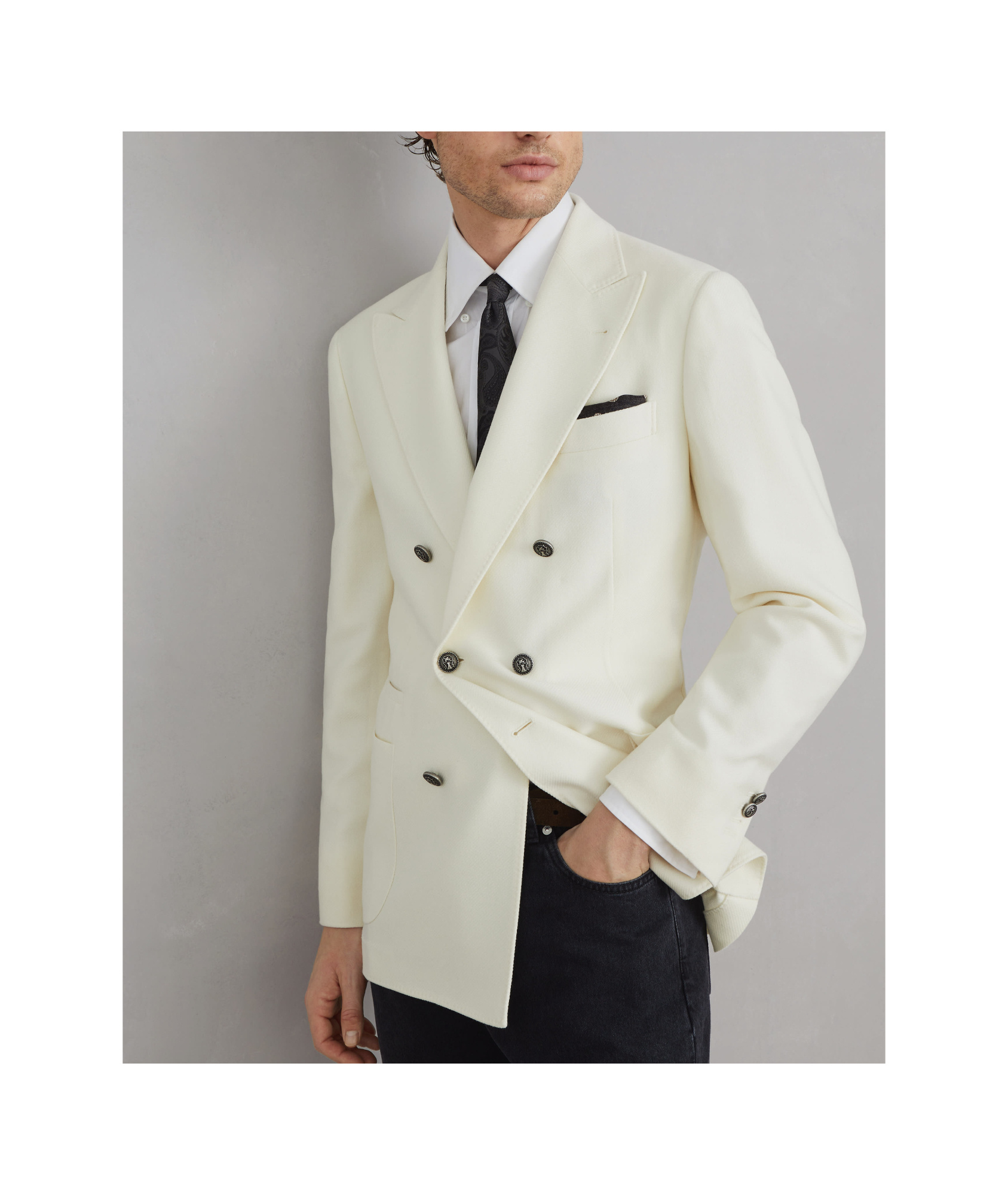 Brunello Cucinelli Wool Double-breasted Suit Jacket In White