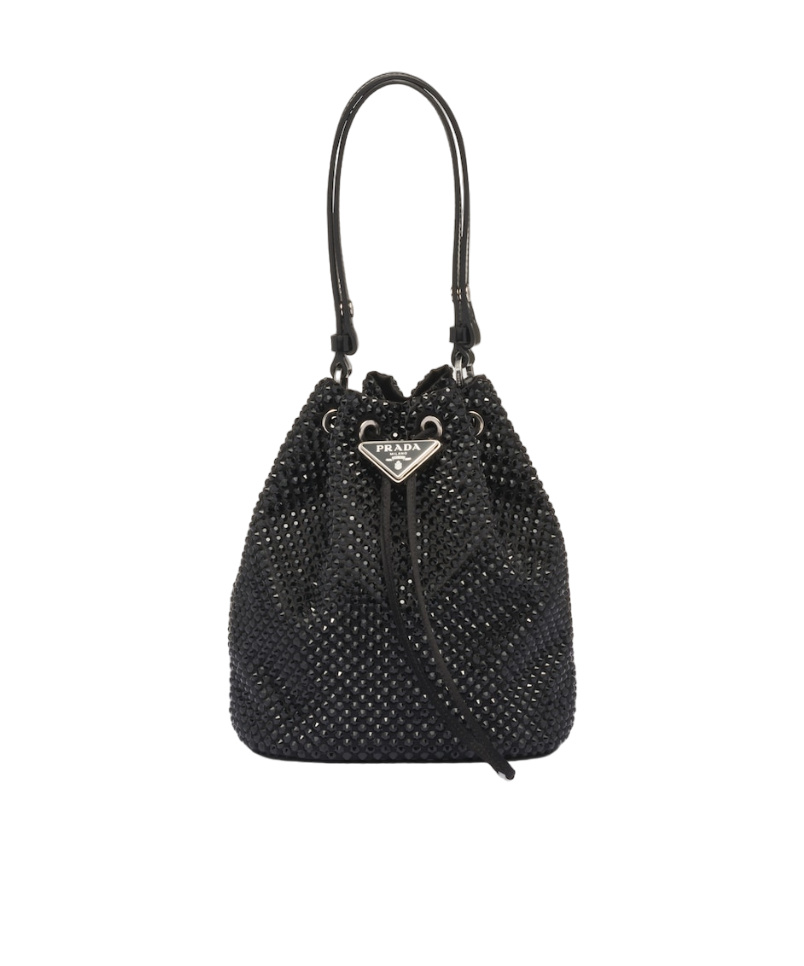 Prada Womens Black Crystal-embellished Mini Satin Shoulder Bag In Black