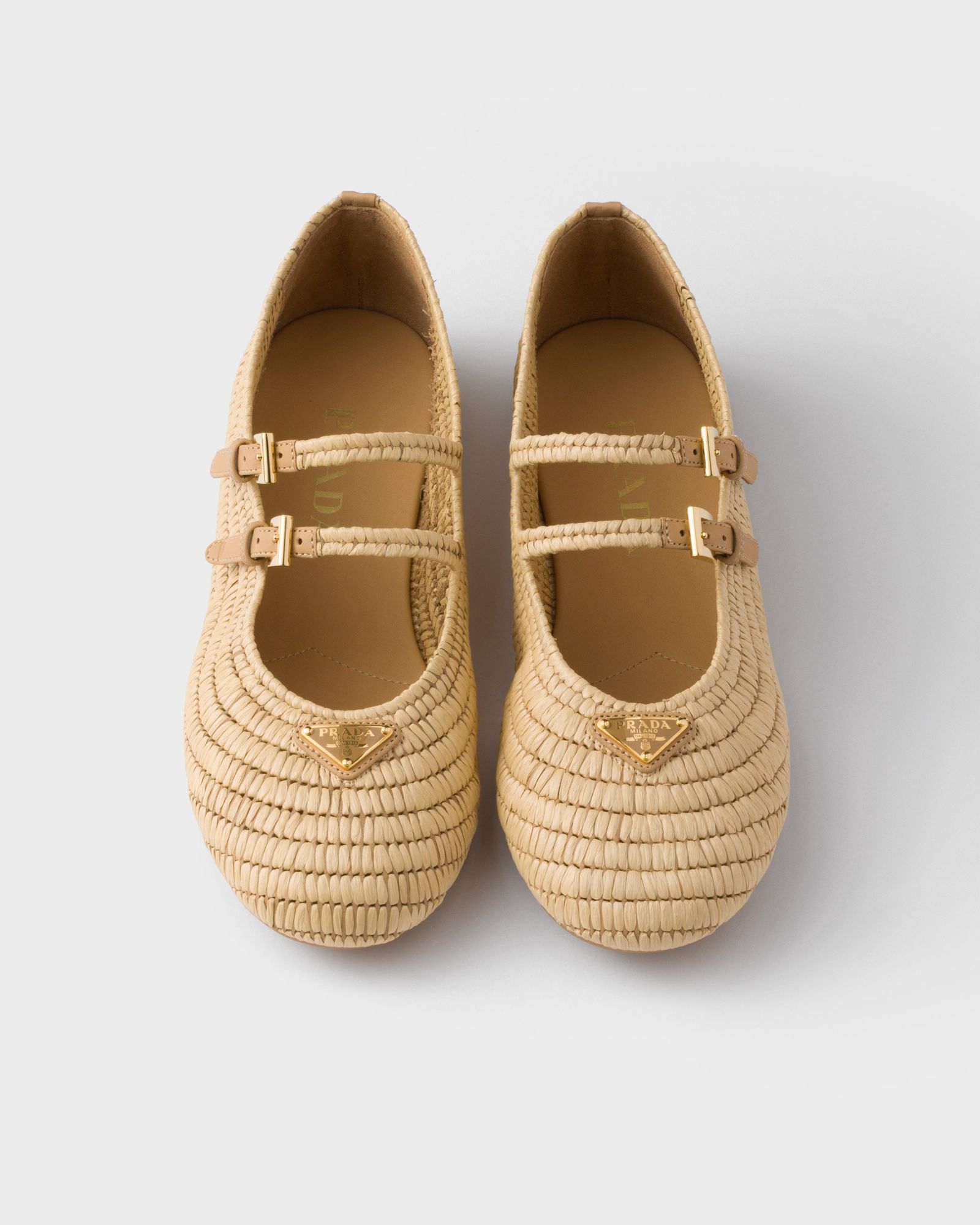 Prada Woven Texture Double Buckle Round Toe Flats
