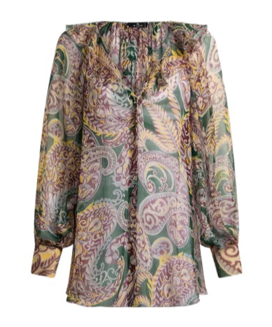 Etro Silk Shirt With Ruffles And Paisley Motif In Green