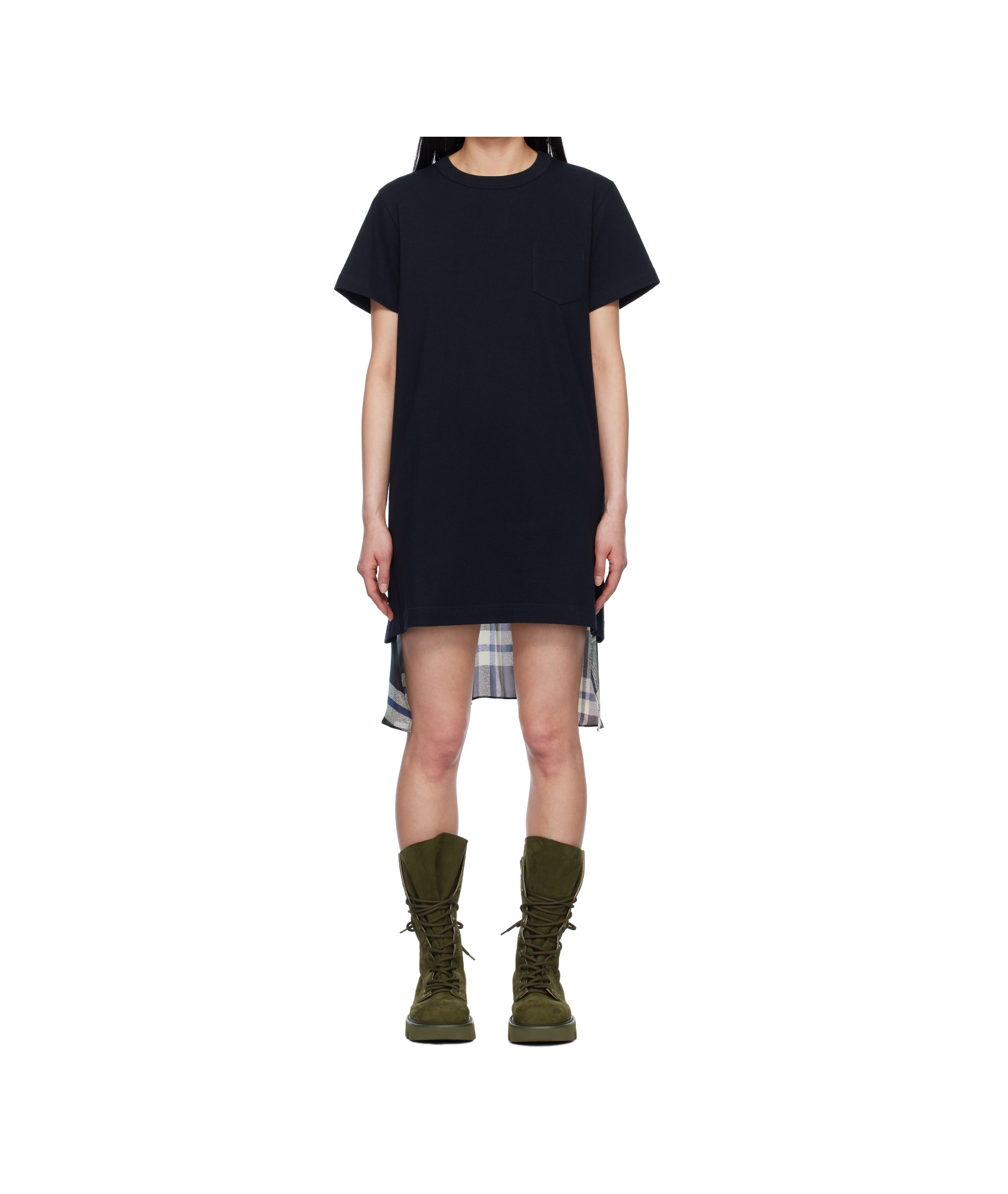 Sacai Black & Green Plaid Print Cotton Jersey Minidress In Green/brown