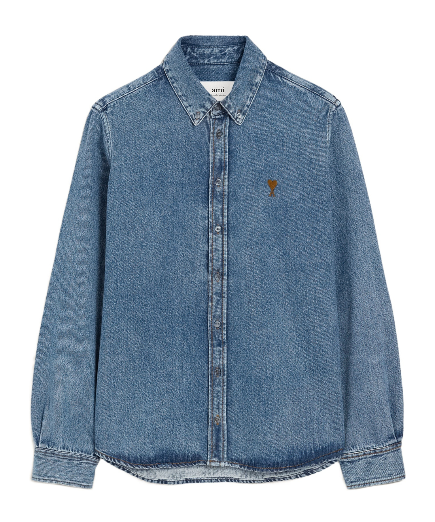 Ami Alexandre Mattiussi Adc Button-down Collar Logo-embroidered Denim Shirt In Blue