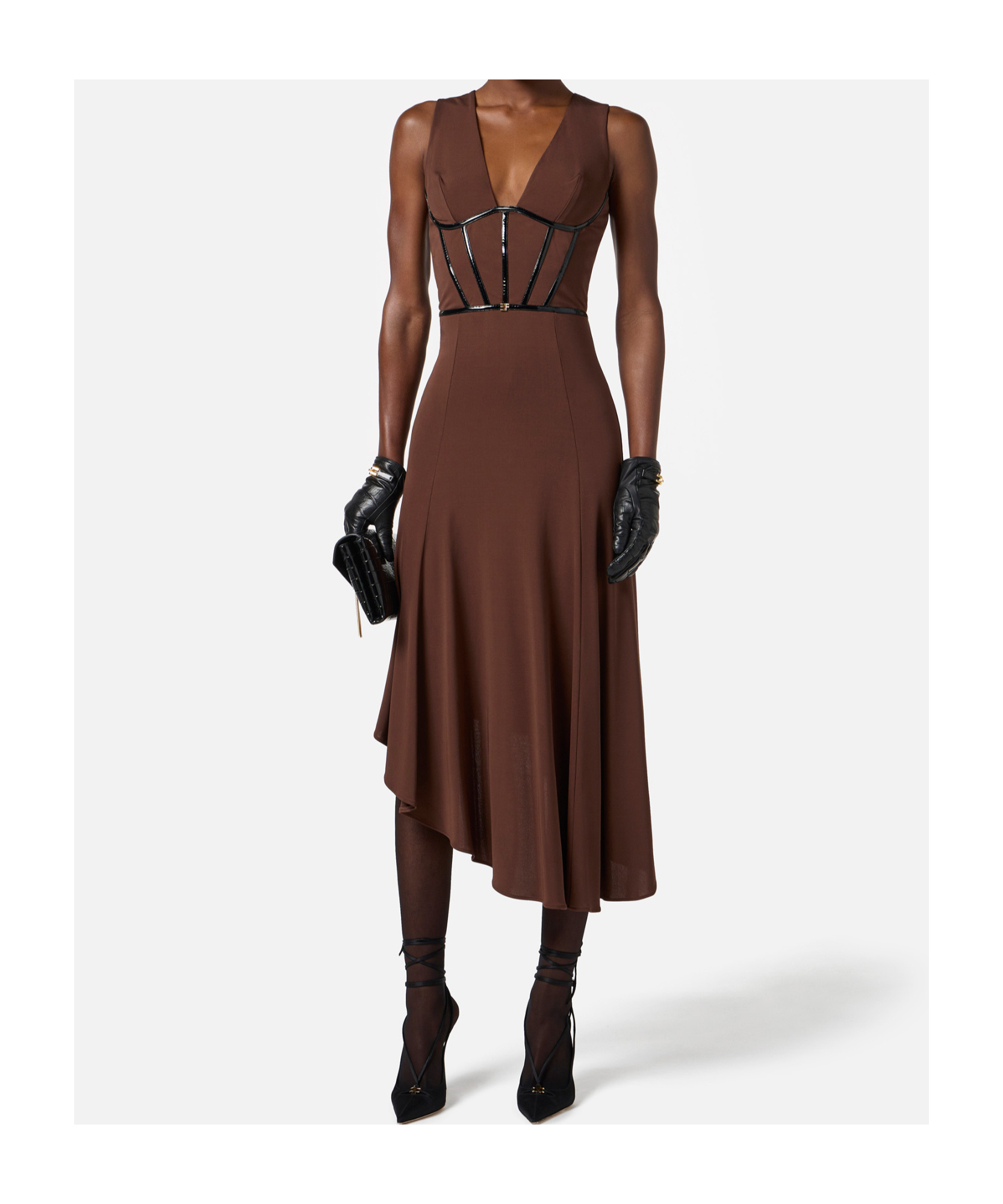 Elisabetta Franchi V-neck Asymmetric Midi Dress In Brown