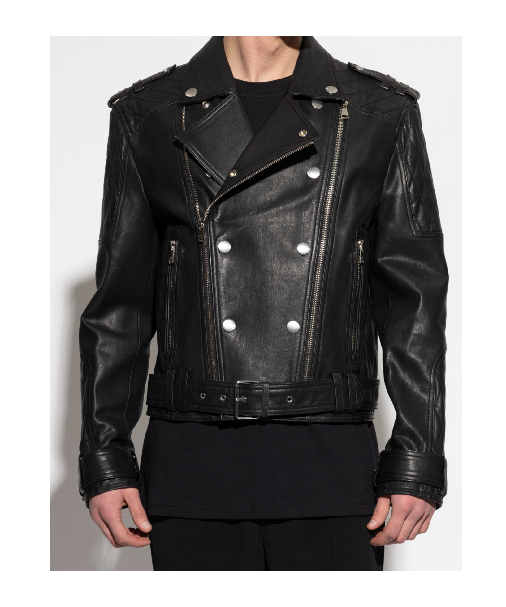 Balmain Double-breasted Leather Biker Jacket In Black