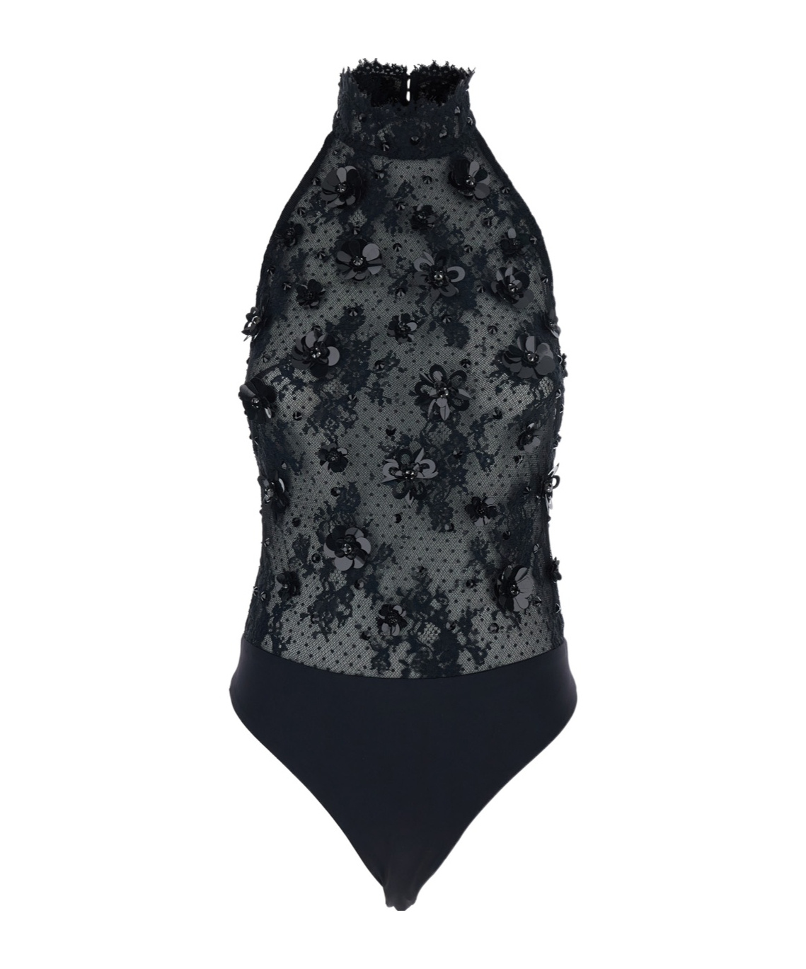 Retroféte Black Bodysuit With Halterneck And All-over Floral Embroidery In Tech Fabric In Black